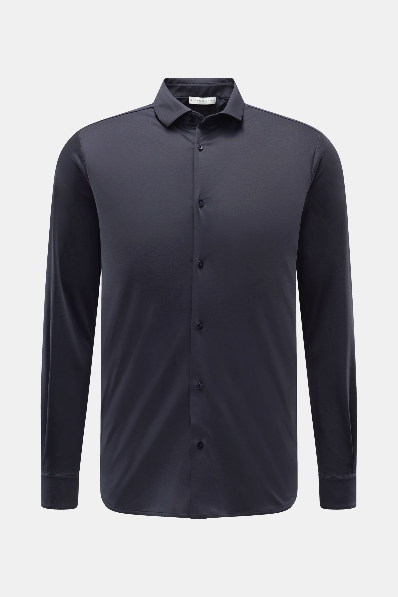 Front view of Kiefermann Jersey shirt 'Elandorio' shark collar navy, slim fit with mercerised cotton jersey and classic barrel cuffs.

Description:  
The jersey shirt 'Elandorio' by Dusseldorf label KIEFERMANN combines a slim silhouette with the finest