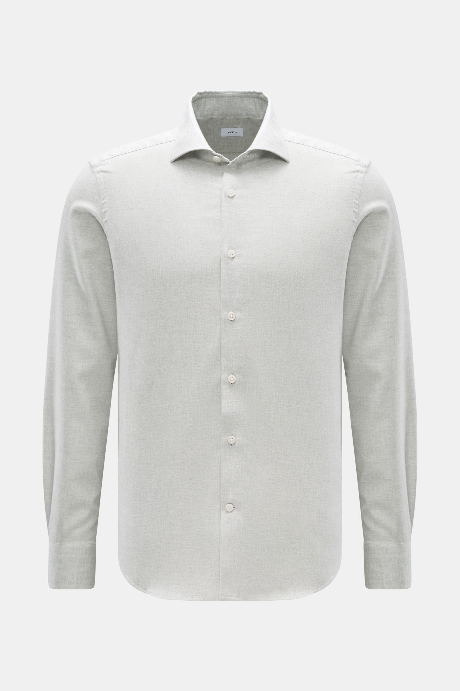 Frontale Aufnahme des BRAUN Hamburg Flanellhemds Haifisch-Kragen hellgrau meliert, Slim Fit, feiner Fischgrat aus Baumwolle, sehr weicher Griff, französische Knopfleiste, klassische Sportmanschette, gerundeter Saumverlauf.