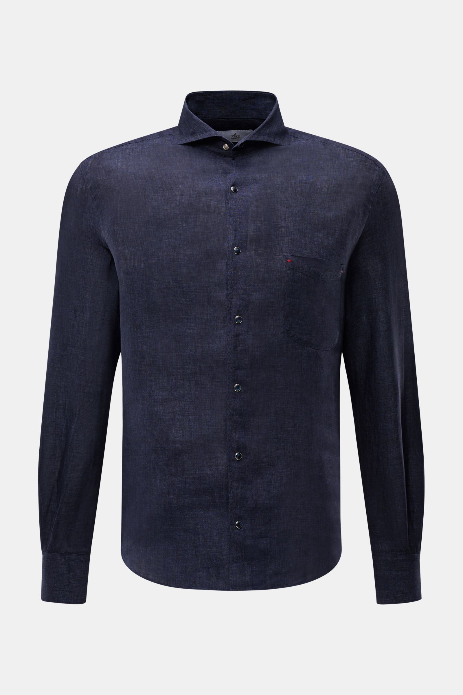 Front view of Ace Denim Linen shirt shark collar navy in lightweight pure linen with slim fit, snap buttons, shark collar, and rounded hem.

Stay comfortable in the warmer months: This ACE DENIM shirt in lightweight linen fabric is a casual statement p