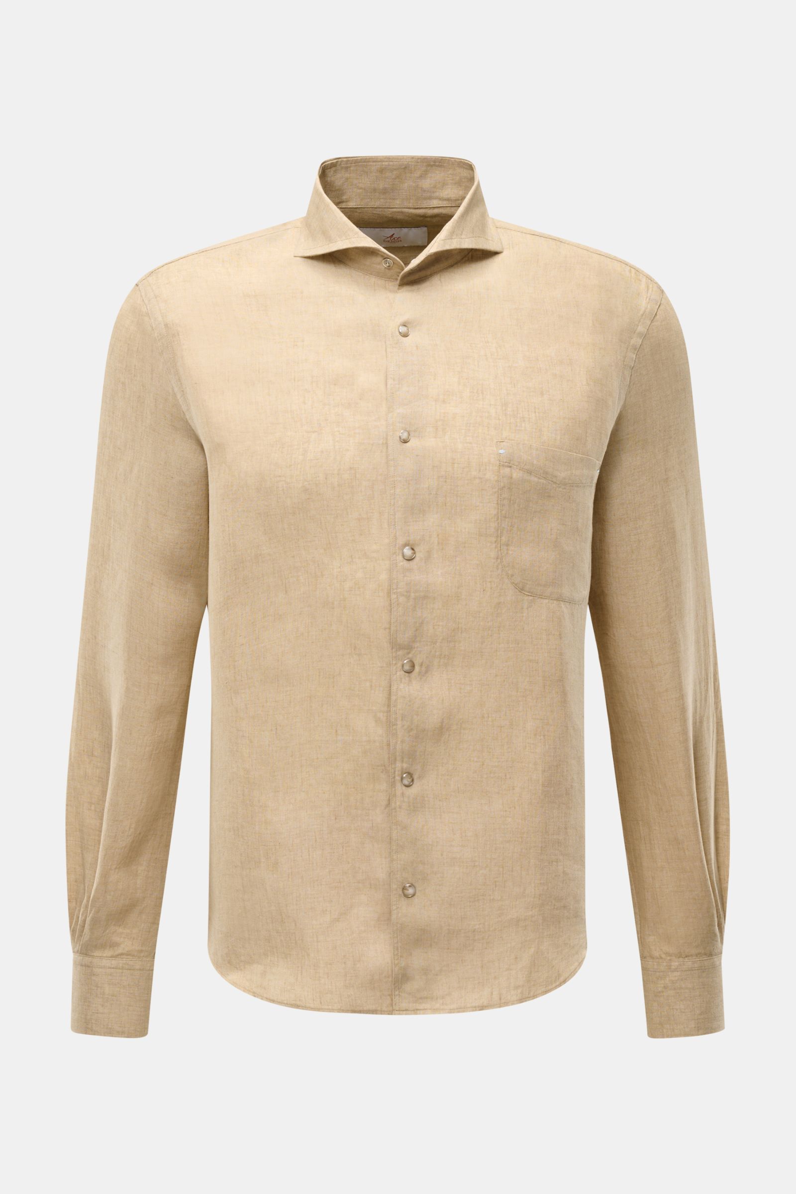 Front view of Ace Denim Linen shirt shark collar beige in lightweight pure linen fabric with slim fit, French button placket, and rounded hem.

Stay comfortable in the warmer months: This ACE DENIM shirt in lightweight linen fabric is a casual statemen