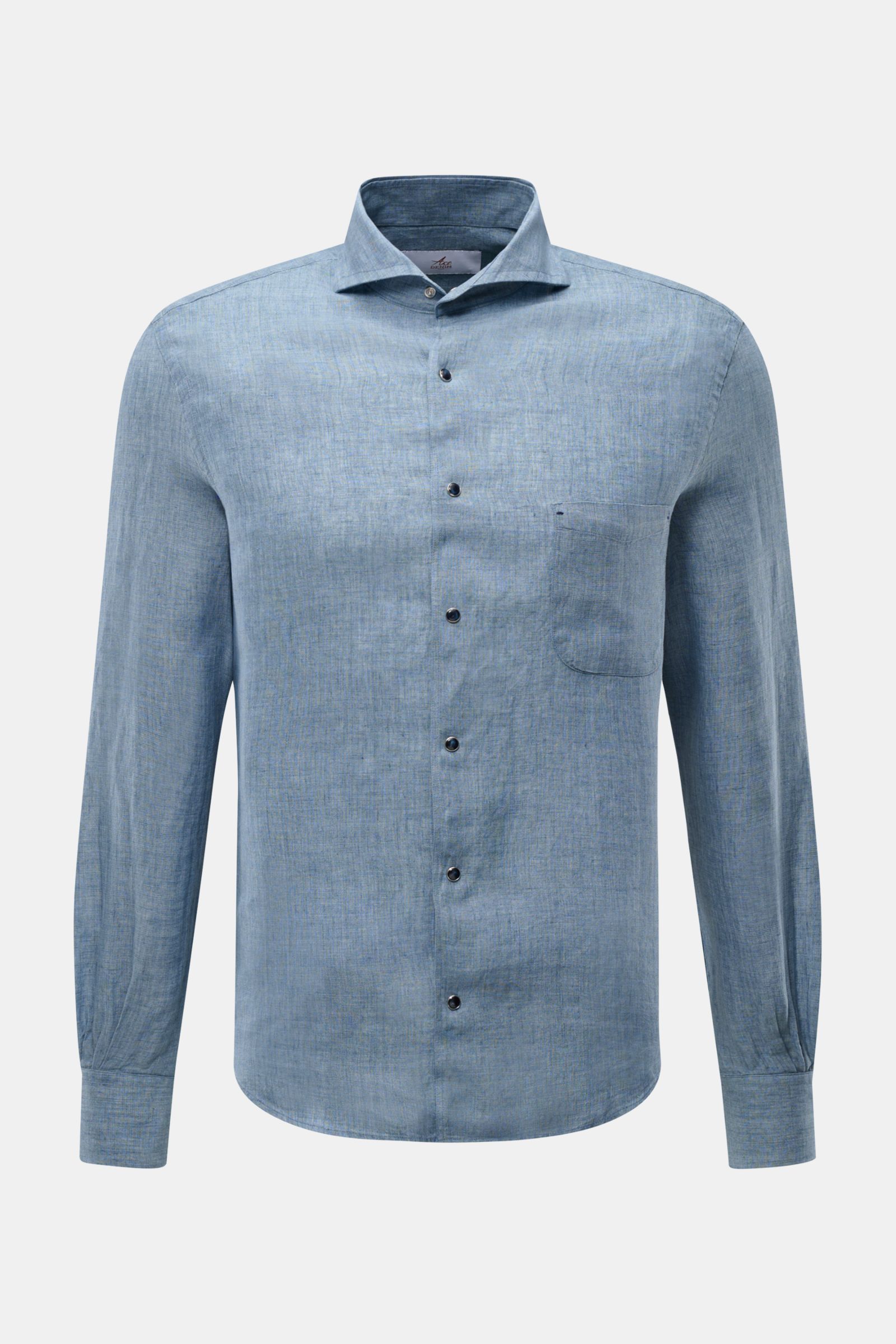 Front view of Ace Denim Linen shirt shark collar smoky blue in lightweight pure linen with plain weave, slim fit, French button placket, barrel cuffs, rounded hem, and visible yarn thickness fluctuations, photographed on a plain background. 

Stay comf