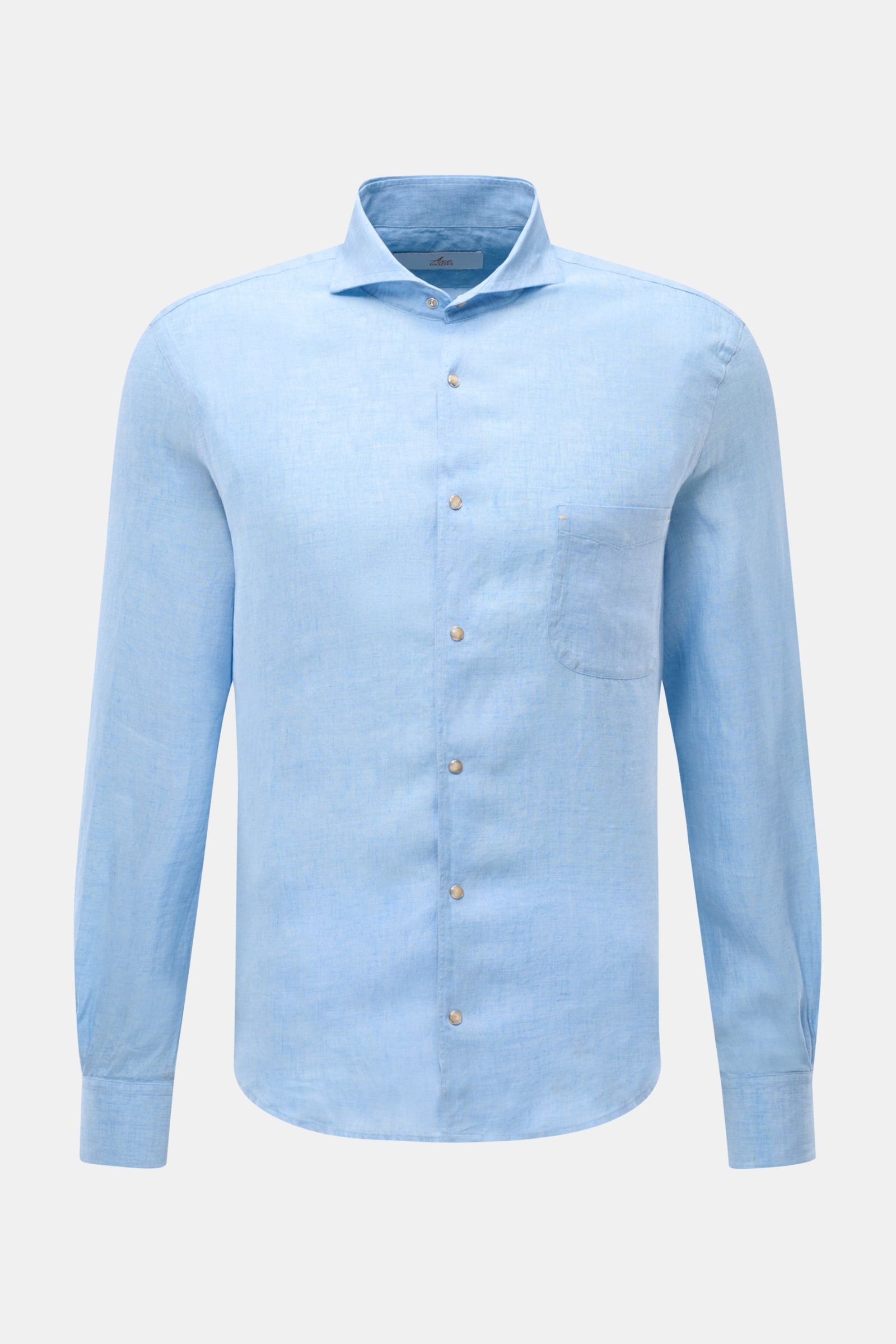Front view of Ace Denim Linen shirt shark collar light blue in slim fit with French snap button placket, barrel cuffs, pocket, and rounded hem.

Description: Stay comfortable in the warmer months: This ACE DENIM shirt in lightweight linen fabric is a c
