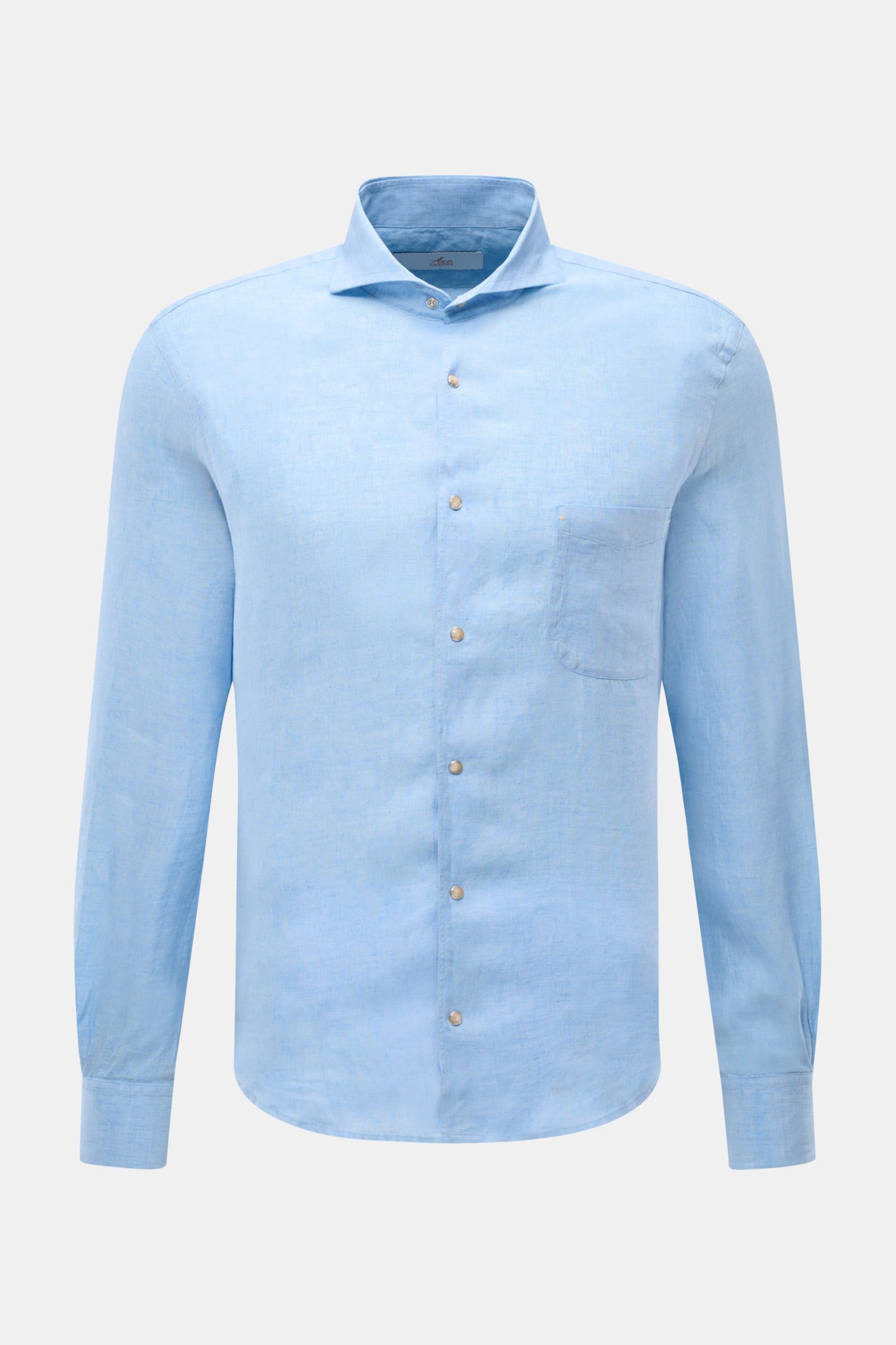 Front view of Ace Denim Linen shirt shark collar light blue, slim fit pure linen fabric with French button placket and barrel cuffs.

Stay comfortable in the warmer months: This ACE DENIM shirt in lightweight linen fabric is a casual statement piece fo
