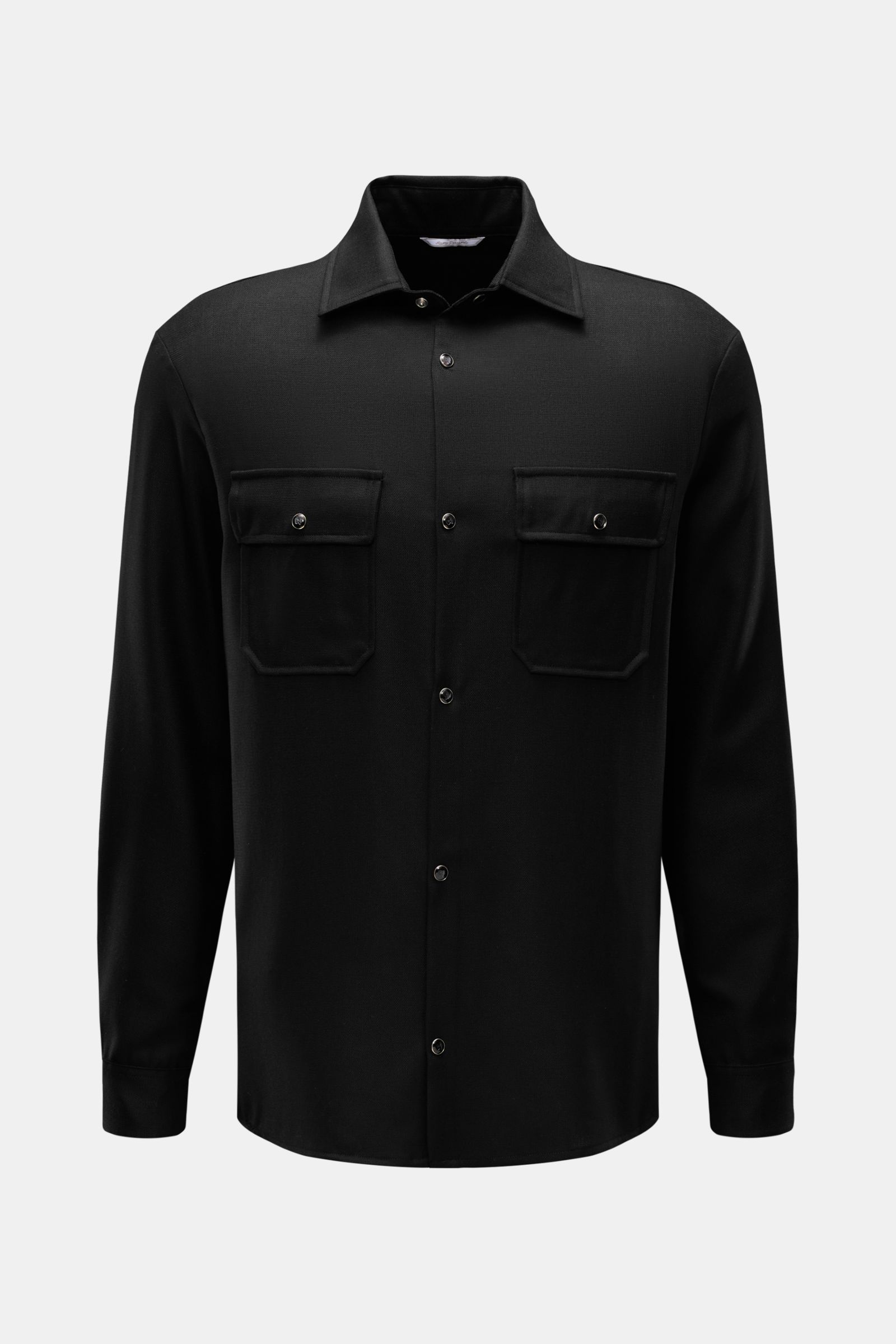 Front view of Marco Pescarolo Casual shirt 'Next' Kent collar black in pure virgin wool, slim fit with soft feel, French button placket, classic barrel cuffs, straight hem, and two chest pockets. Exclusive casual look with maximum comfort: This elegant MA