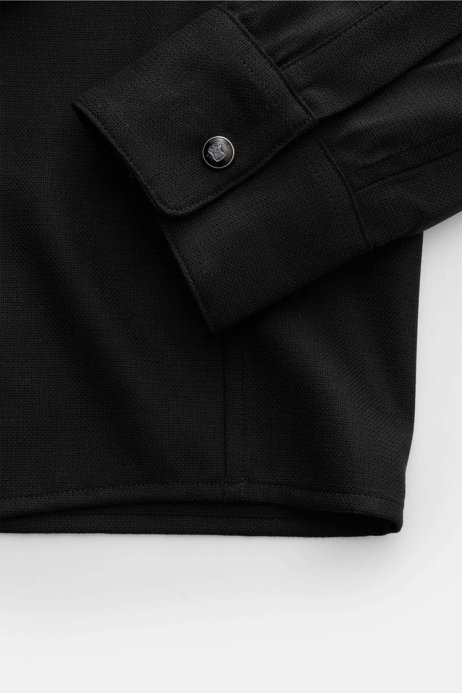 Close-up front view of the black Marco Pescarolo Casual shirt 'Next' Kent collar black, showing cuff and straight hem. Exclusive casual look with maximum comfort: This elegant MARCO PESCAROLO shirt in pure virgin wool features a timeless design and Nea