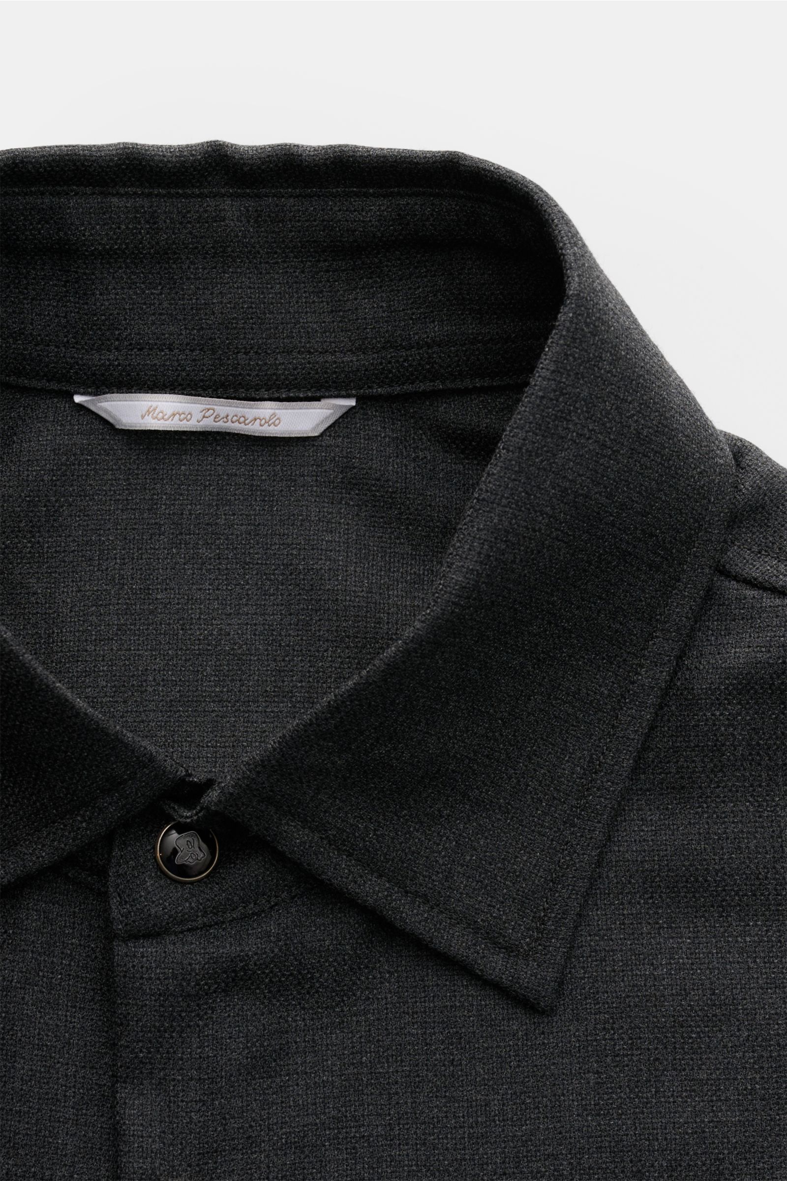 Close-up front view of the Marco Pescarolo Casual shirt 'Next' Kent collar anthracite mottled, showcasing the Kent collar and single black button. Exclusive casual look with maximum comfort: This elegant MARCO PESCAROLO shirt in pure virgin wool features 