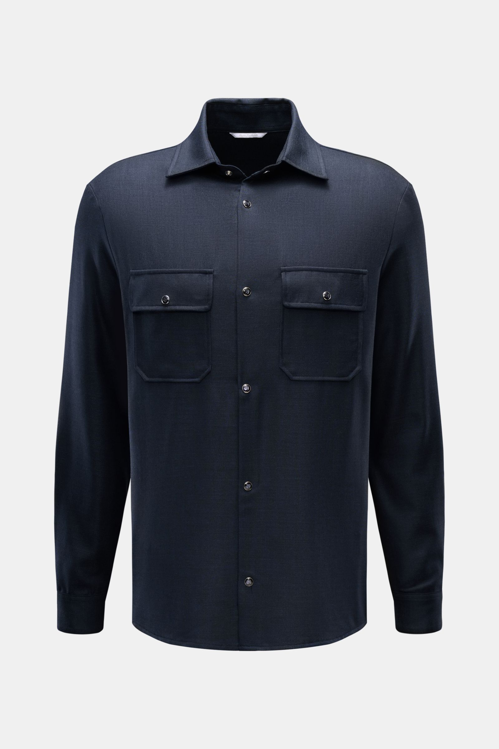 Front view of Marco Pescarolo Casual Hemd 'Next' Kent-Kragen navy shirt in pure wool, slim fit with Kent collar, French placket, sport cuffs, and straight hem.

Description: Eleganter Freizeitlook mit höchstem Tragekomfort: Das edle MARCO PESCAROLO Hem