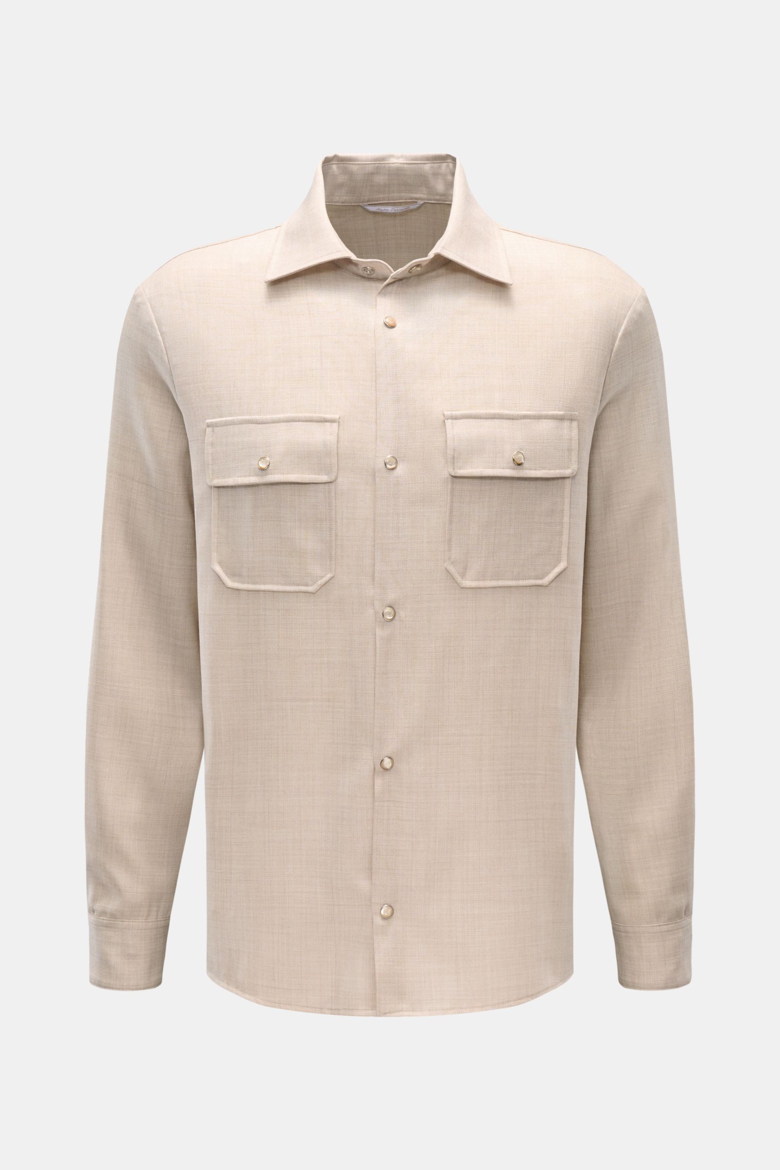 Front view of Marco Pescarolo Casual shirt 'Next' Kent collar beige mottled in pure virgin wool with slim fit, French button placket, barrel cuffs, and straight hem. 

Exclusive casual look with maximum comfort: This elegant MARCO PESCAROLO shirt in pu