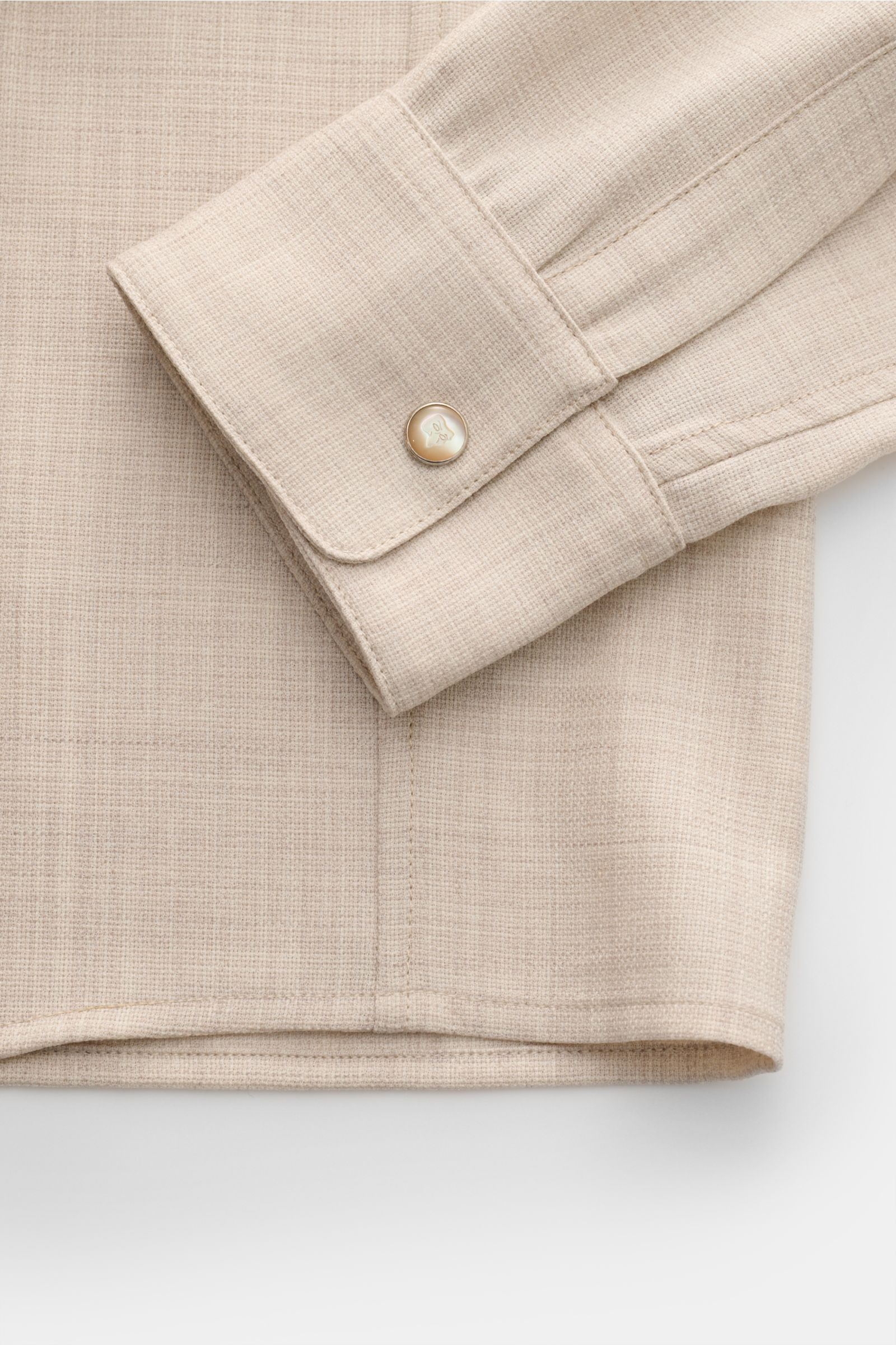 Marco Pescarolo Casual shirt 'Next' Kent collar beige mottled shown from a close-up top-down view of sleeve cuff and hem. Exclusive casual look with maximum comfort: This elegant MARCO PESCAROLO shirt in pure virgin wool features a timeless design and Nea