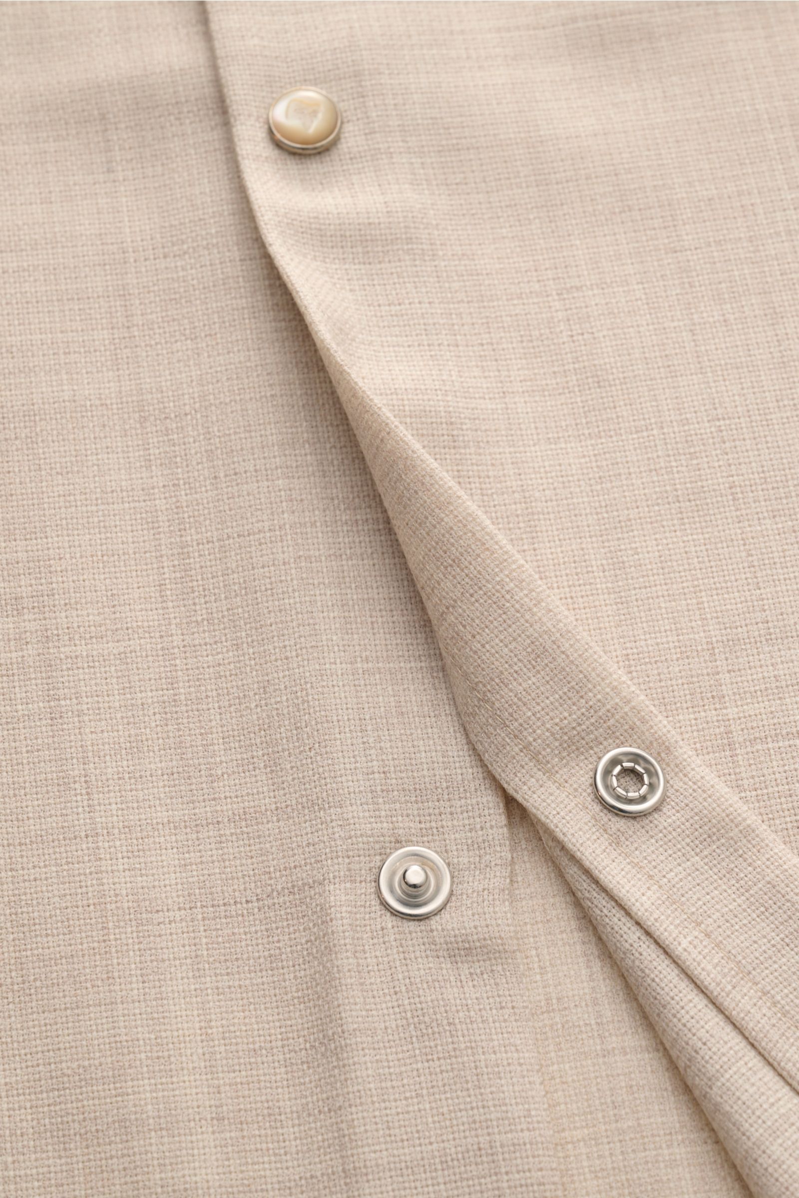 Close-up front view of the Marco Pescarolo Casual shirt 'Next' Kent collar beige mottled, showing pure virgin wool fabric, soft feel, slim fit, Kent collar, French button placket, classic barrel cuffs, and straight hem. Exclusive casual look with maximum 