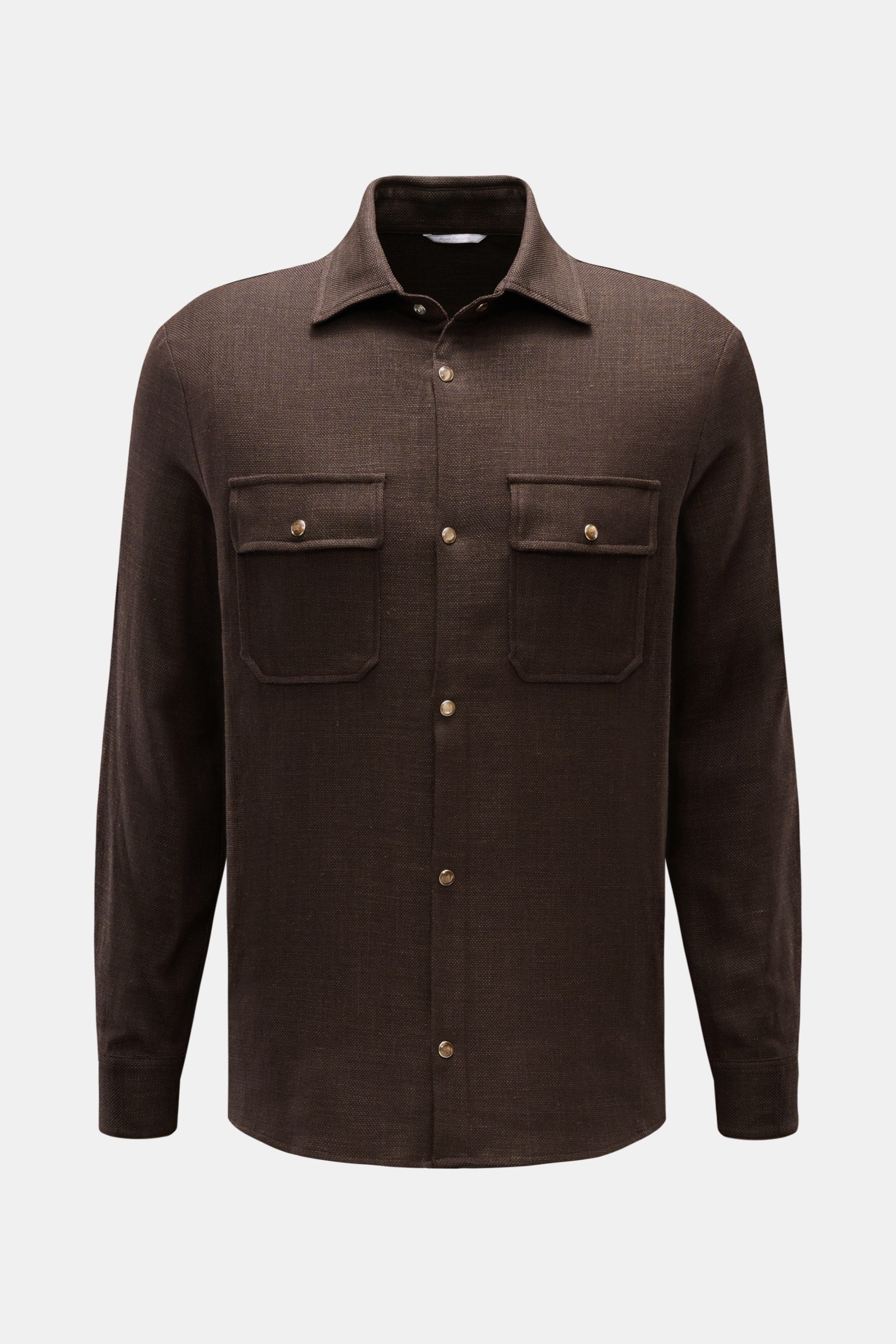 Front view of the Marco Pescarolo Casual Hemd 'Next' Kent-Kragen dunkelbraun, a slim fit dark brown shirt made of wool, linen, and silk with a breathable Panama texture, Kent collar, French placket, elegant snap buttons, classic sport cuffs, two chest poc