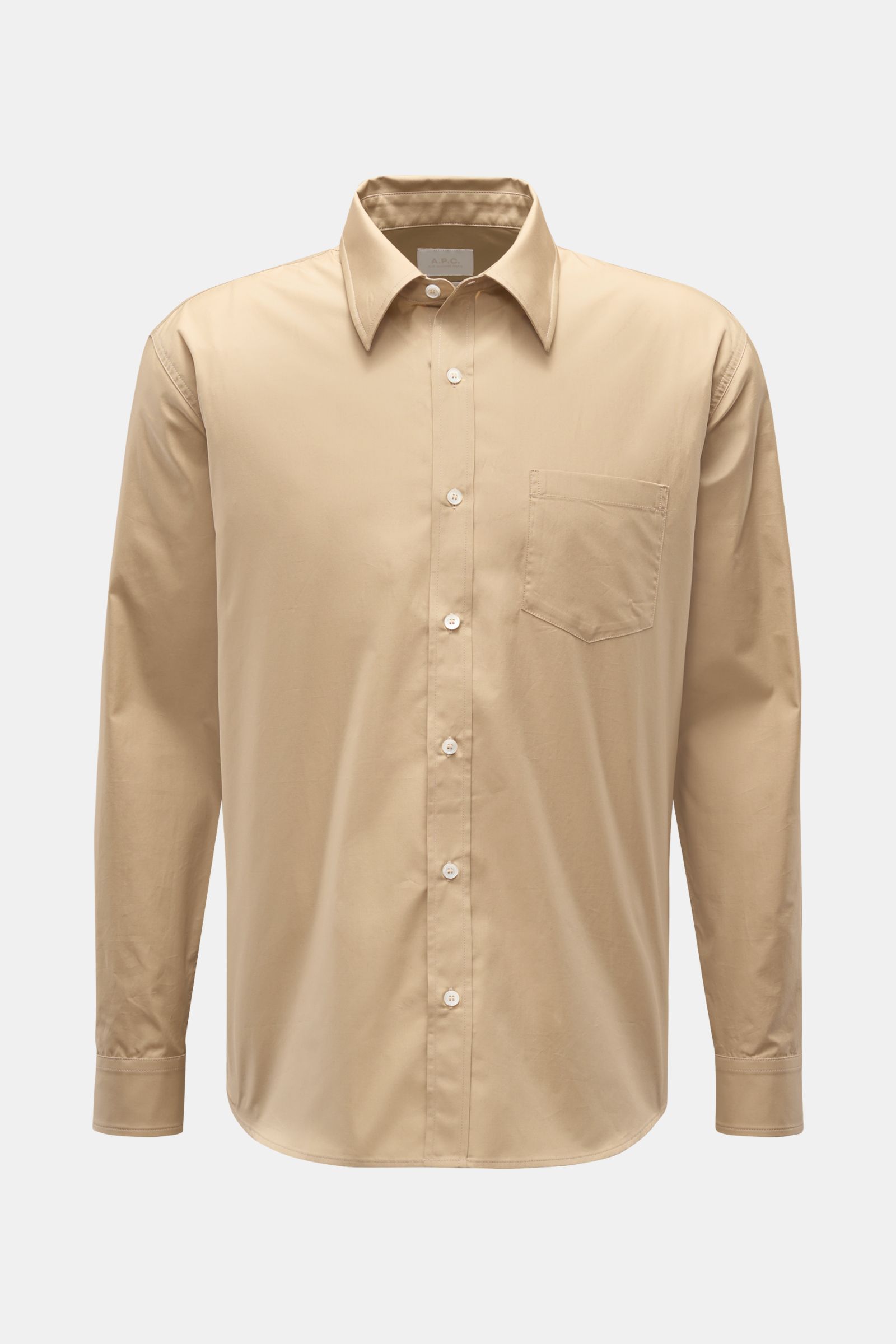 Front view of A.P.C. Casual shirt Kent collar sand in pure cotton, smooth feel, oversized fit with Kent collar, patch button placket, classic barrel cuffs, patch breast pocket, and slightly rounded hem. A modern take on a classic look.