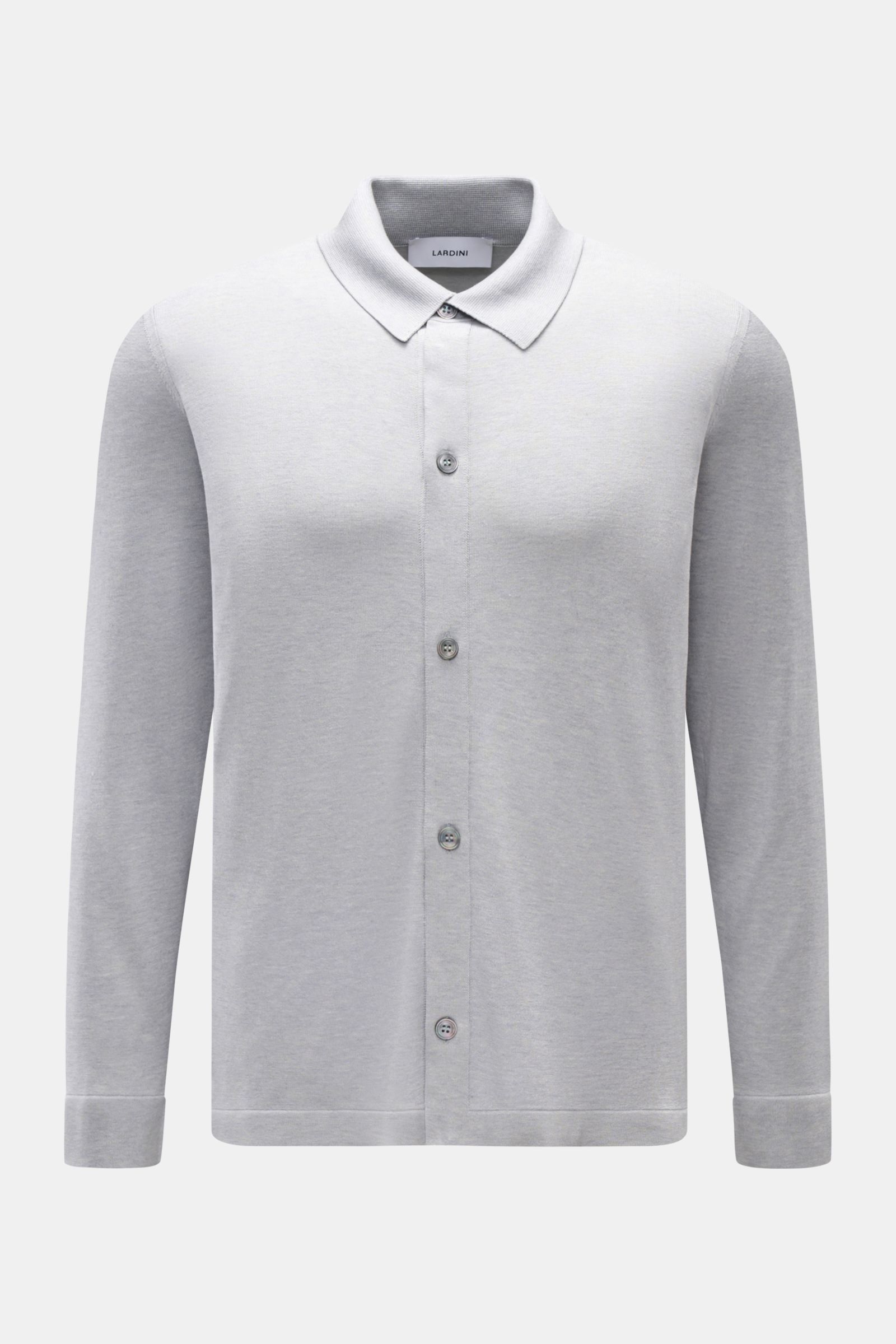 Lardini Seiden-Strickhemd rauchblau/hellgrau meliert, Slim Fit, Umlegekragen, glatte Knopfleiste, feines Strickbild, frontal fotografiert.