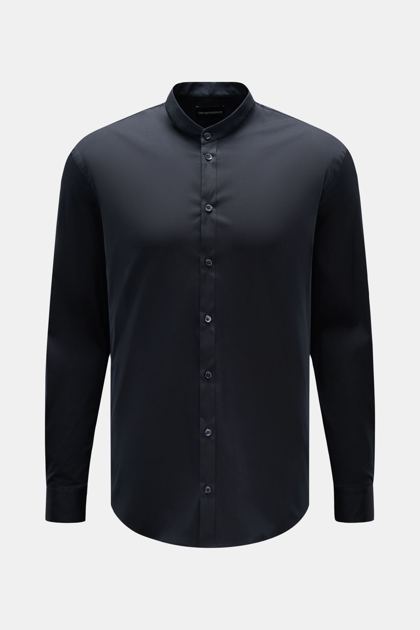 Emporio Armani Casual Hemd Grandad-Kragen dark navy, frontale Ansicht, leichter Stretch, Baumwoll-Microfaser-Mix, Regular Fit, Knopfleiste, Sportmanschette, gerundeter Saum.