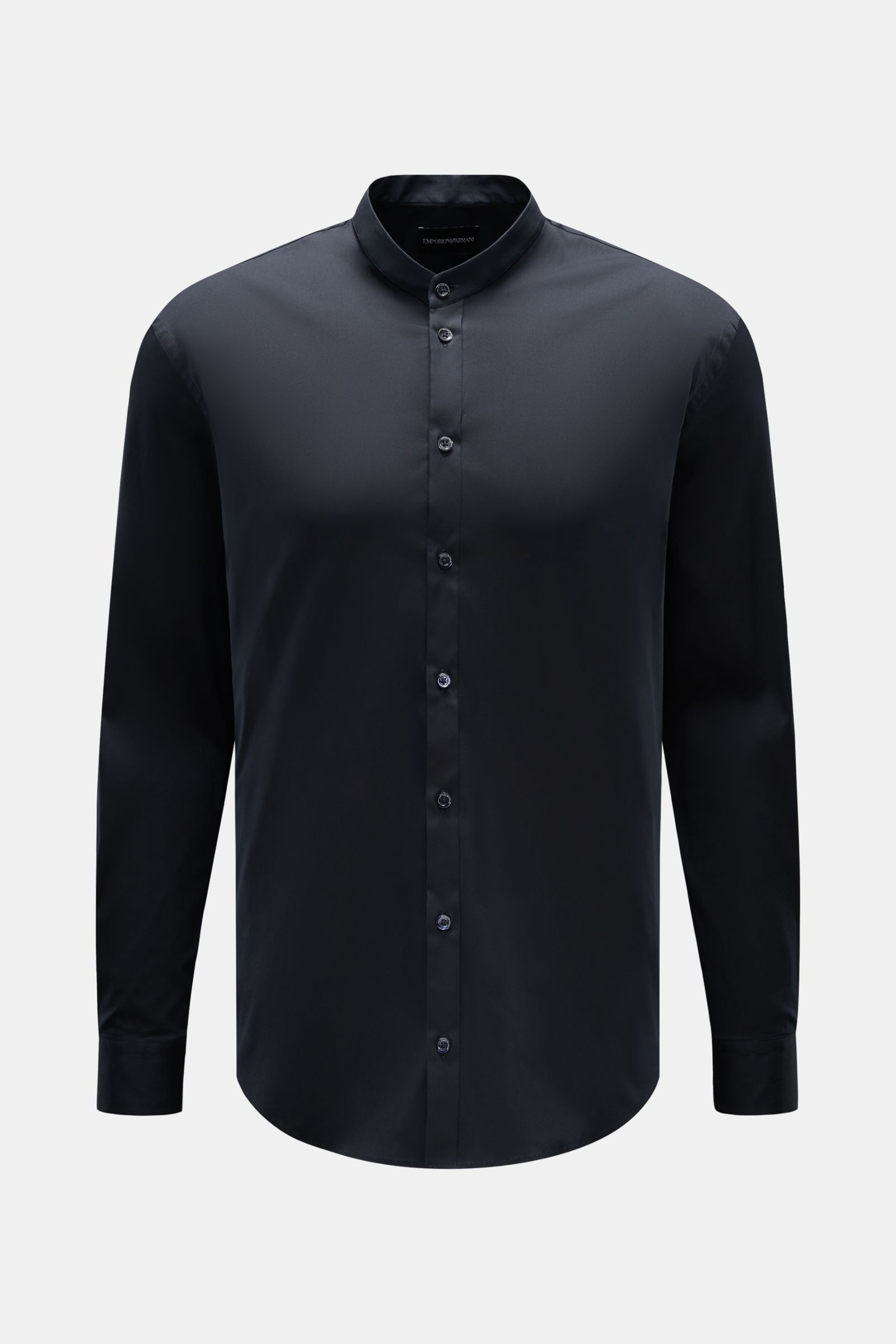 Emporio Armani Casual Hemd Grandad-Kragen dark navy, frontal fotografiert, leichter Baumwoll-Mix, Stretch, Regular Fit, Knopfleiste, Sportmanschette, gerundeter Saum