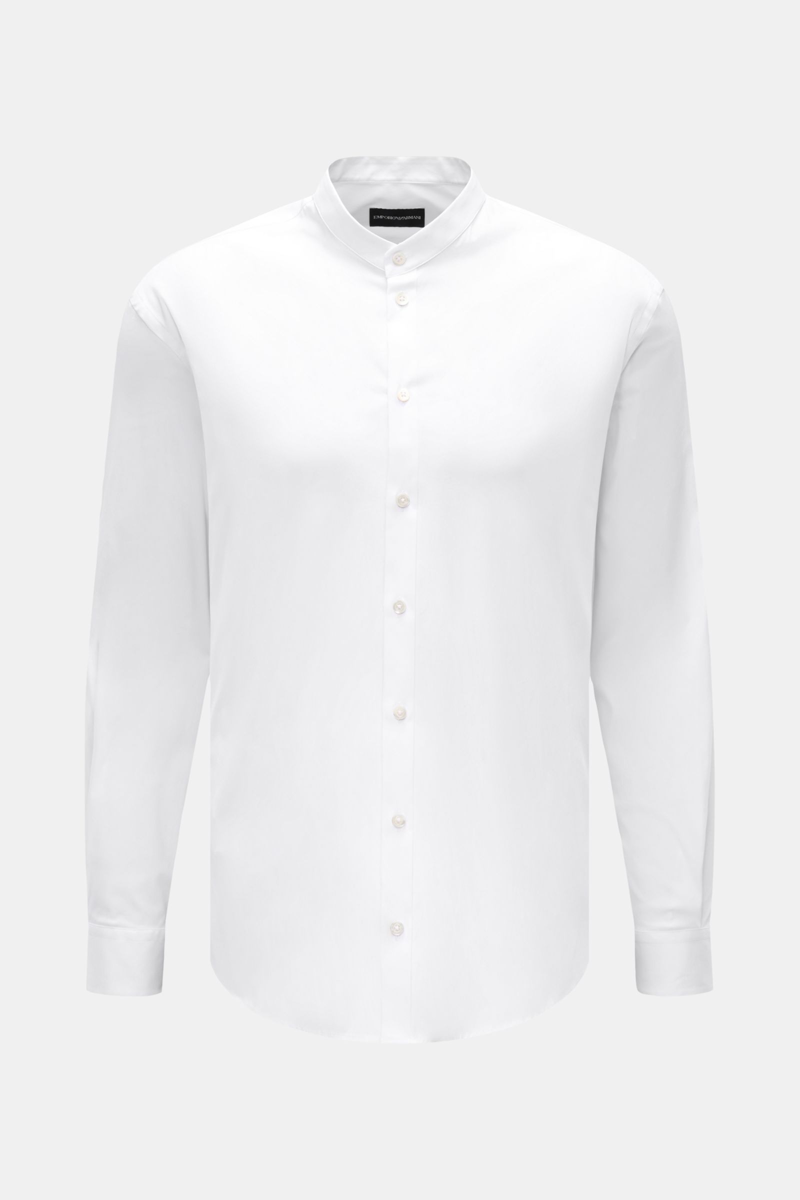 Emporio Armani Casual Hemd Grandad-Kragen weiß, frontale Ansicht, Regular Fit, leichter Stretch, Baumwoll-Microfaser-Mix, Knopfleiste, Sportmanschette, gerundeter Saum