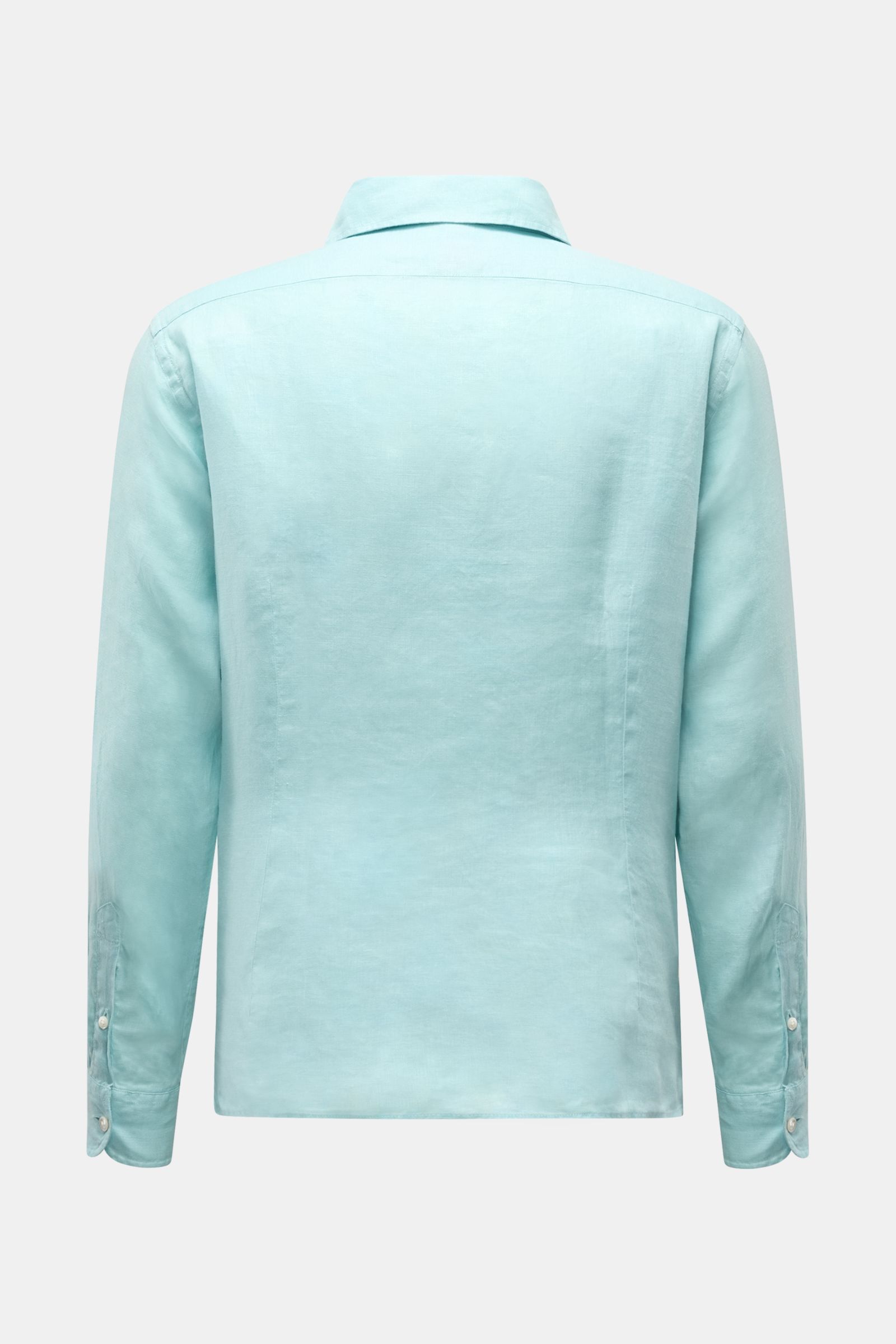 Back view of 04651/ A trip in a bag Leinenhemd Kent-Kragen türkis in soft turquoise linen, oversized fit with classic sport cuffs and rounded hem. 

Description: Ideal für die Übergangszeit: Das Leinenhemd von 04651/ A TRIP IN A BAG vereint stilvolle L