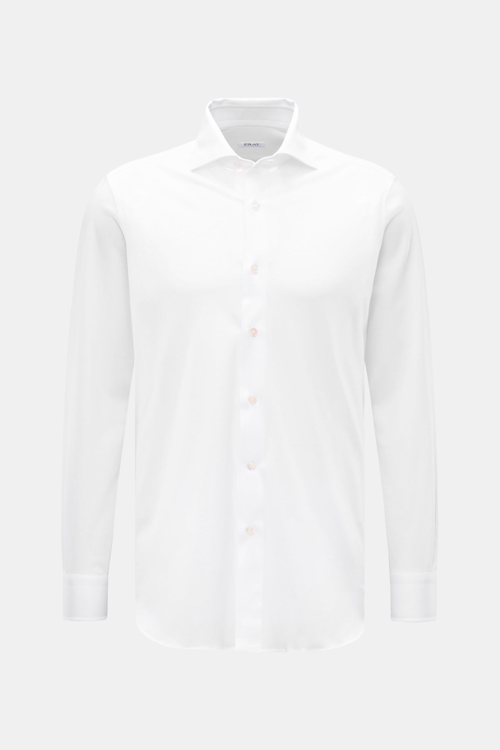 Frontal fotografiertes Fray Piqué-Hemd Haifisch-Kragen 'Lione Cucitura' weiß aus Baumwolle, Slim Fit, Sportmanschetten, gerundeter Saum.