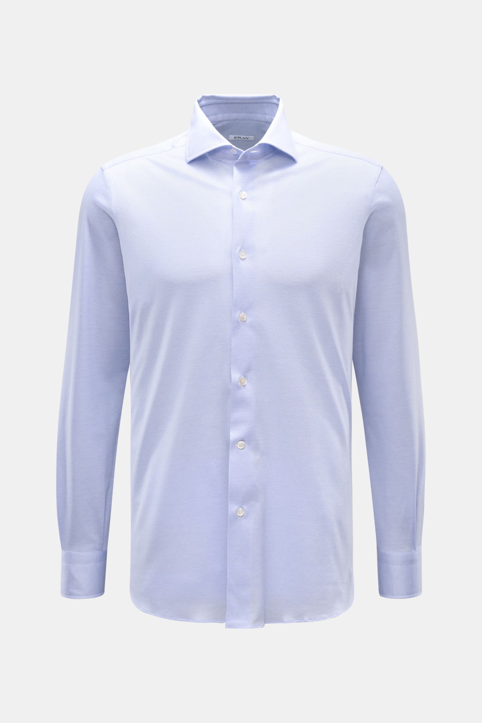 Frontal fotografiertes Fray Piqué-Hemd Haifisch-Kragen 'Lione Cucitura' rauchblau meliert, Slim Fit, reine Baumwolle, klassische Manschette.