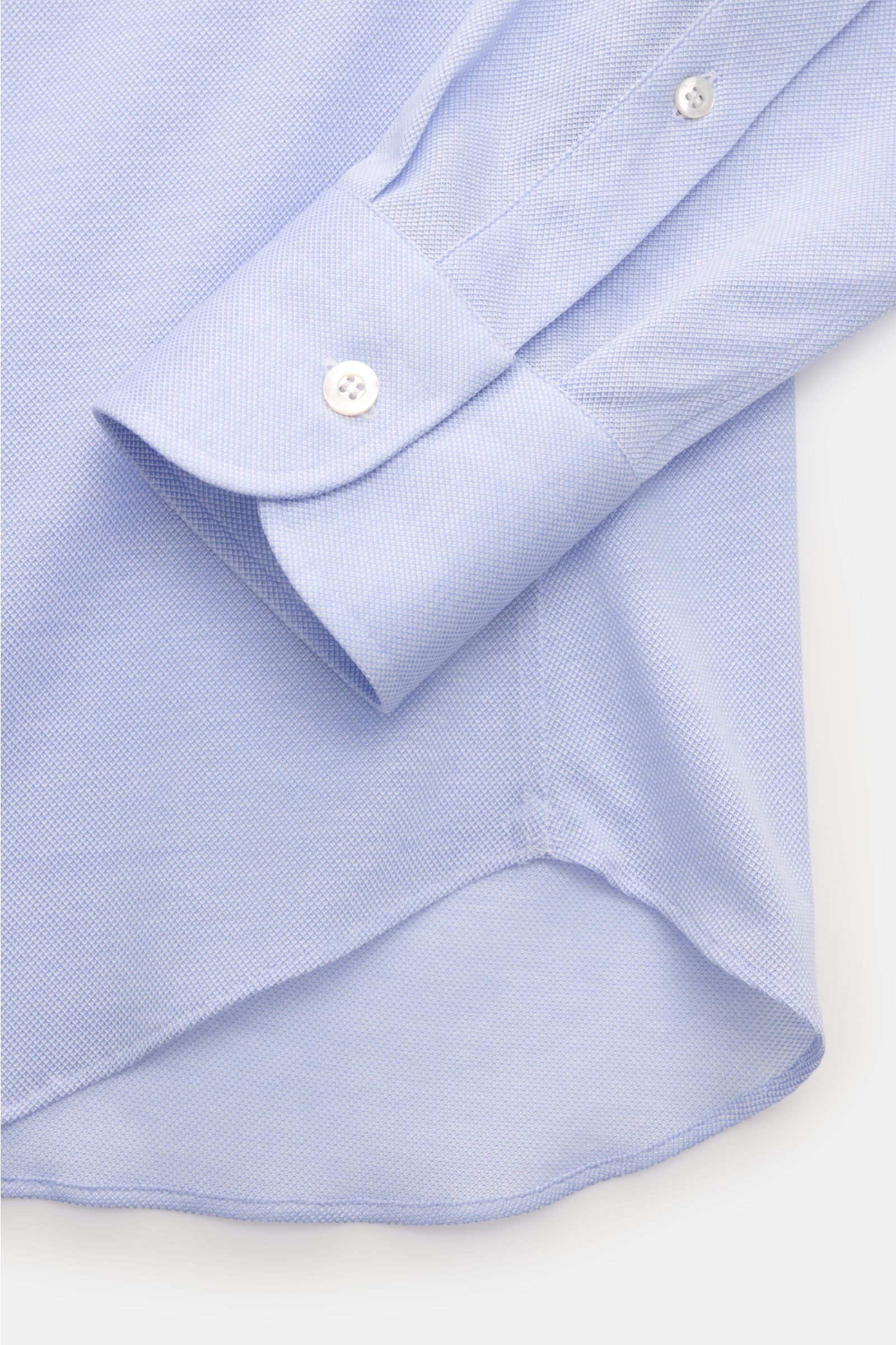 Fray Piqué-Hemd Haifisch-Kragen 'Lione Cucitura' rauchblau meliert, Nahaufnahme Saum und Manschette, reine Baumwolle, Slim Fit, Piqué-Gewebe.