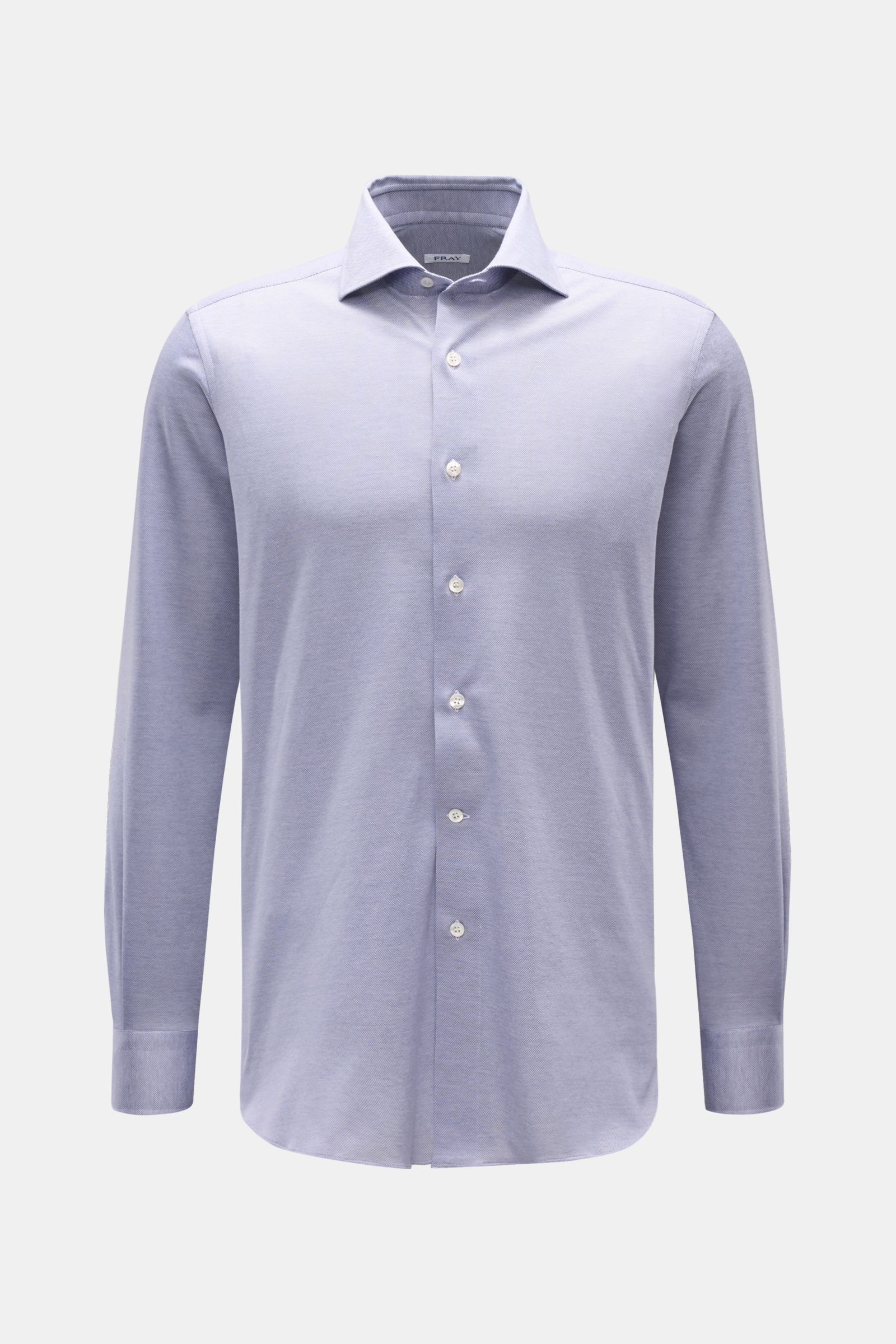 Frontal fotografiertes Fray Piqué-Hemd Haifisch-Kragen 'Lione Cucitura' graublau meliert, Slim Fit, reine Baumwolle, klassischer Saum.