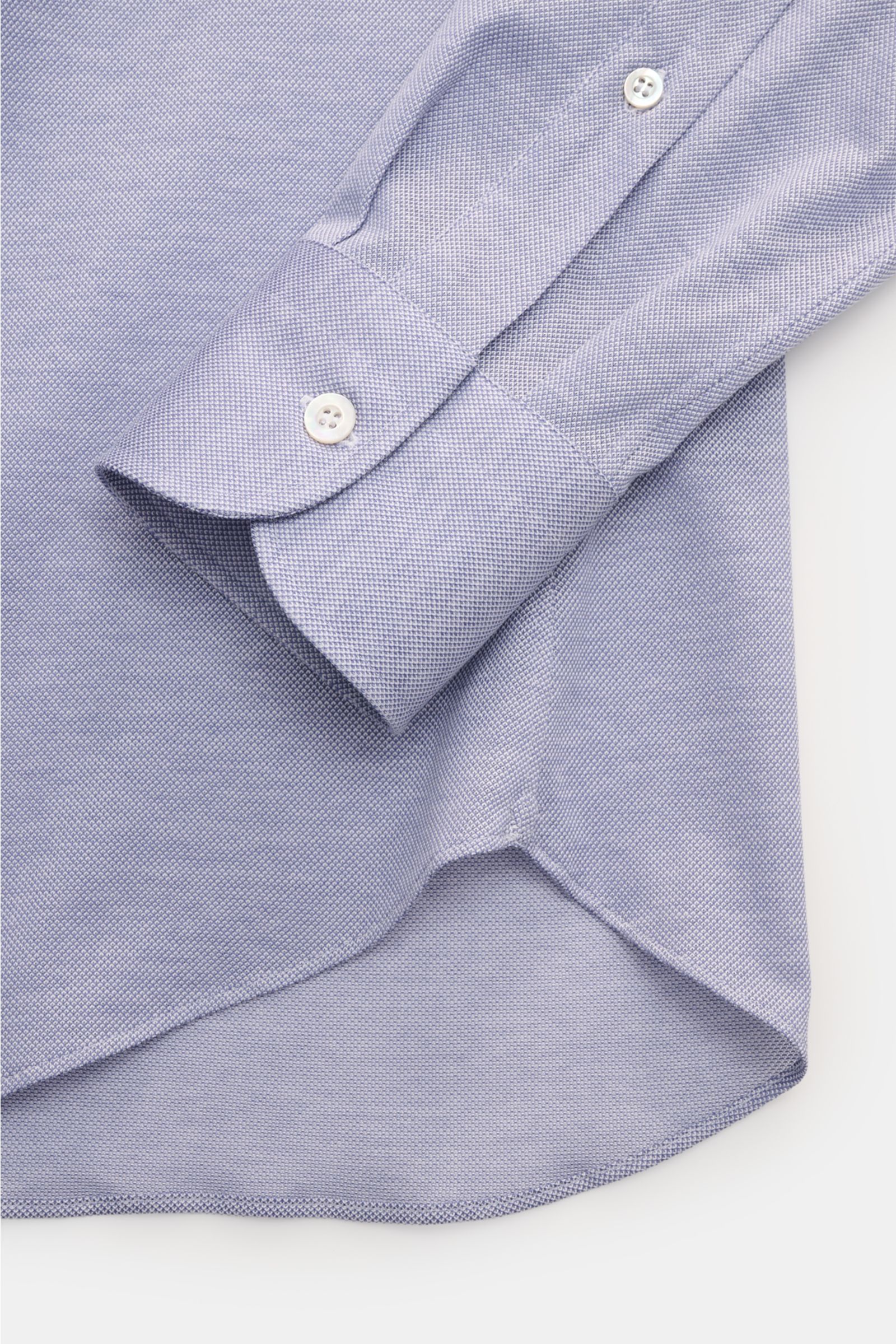 Fray Piqué-Hemd Haifisch-Kragen 'Lione Cucitura' graublau meliert, Detailaufnahme von Manschette und Saum aus reiner Baumwolle, Slim Fit.