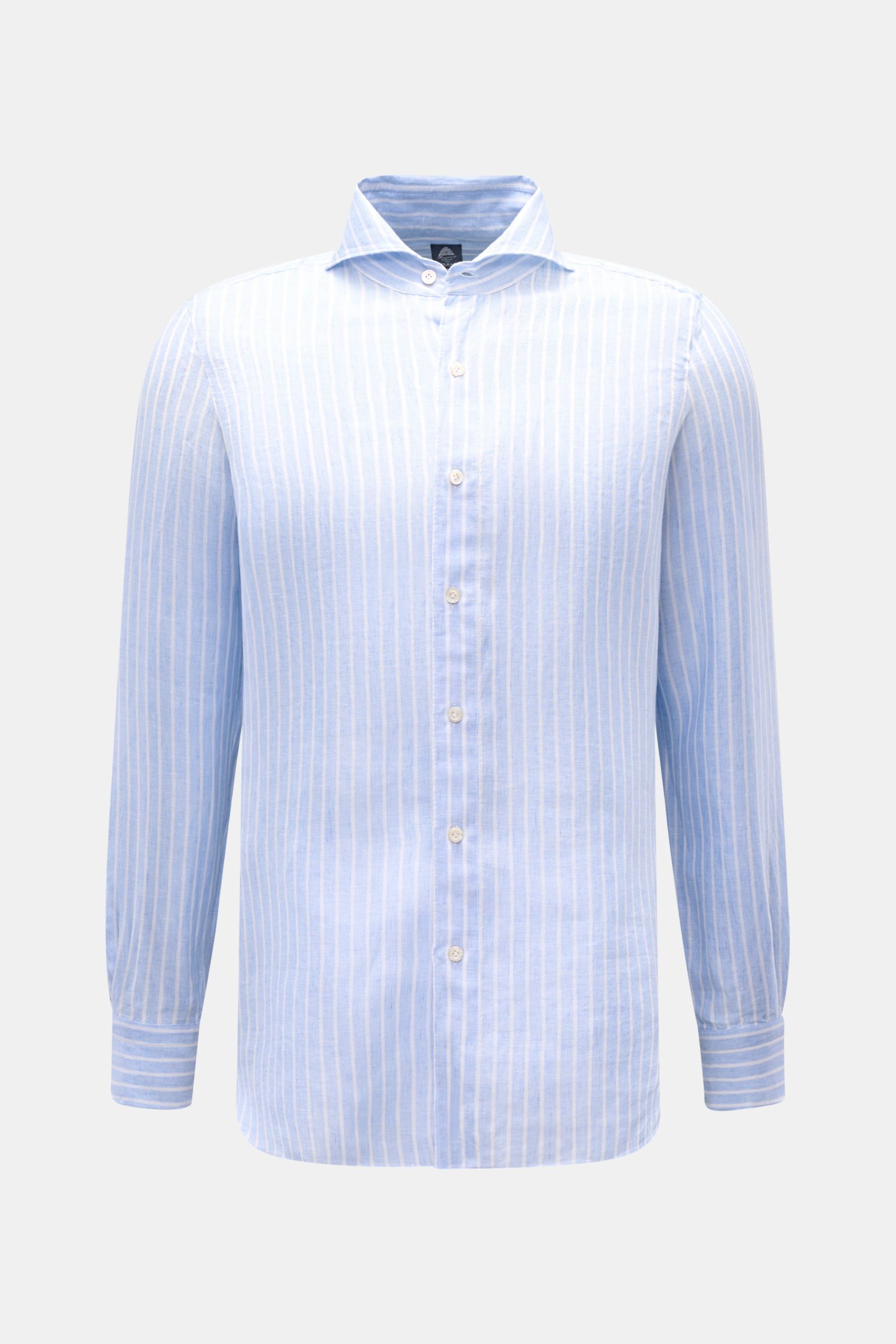 Front view of Finamore Linen shirt 'Sergio Gaeta' shark collar light blue/white striped, a stylish summer essential in pure linen with regular fit, French button placket, classic barrel cuffs, and rounded hem.  
Stylish summer essential: The lightweigh