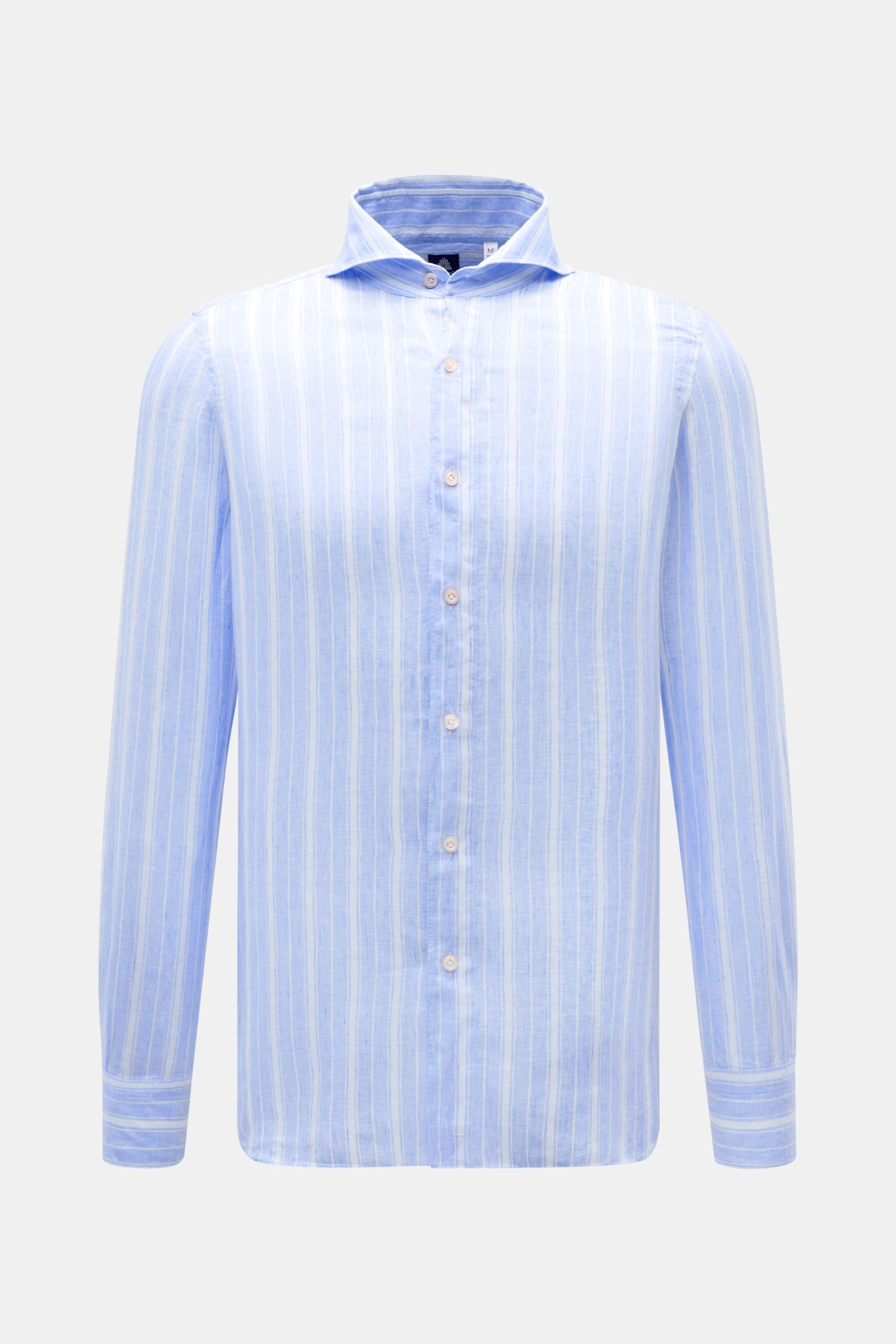 Front view of Finamore Linen shirt 'Sergio Gaeta' shark collar blue/white striped, lightweight pure linen with French button placket.

Stylish summer essential: The lightweight linen shirt 'Sergio Gaeta' by FINAMORE works with a smart-casual jacket as 