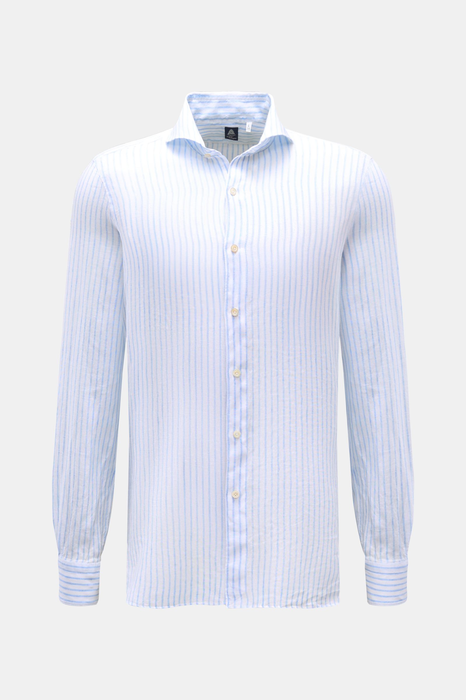 Front view of Finamore Linen shirt 'Sergio Gaeta' shark collar light blue/white striped, made of lightweight linen plain weave fabric, regular fit, extra-long sleeves, French button placket, classic barrel cuffs, and rounded hem. Perfectly equipped for wa