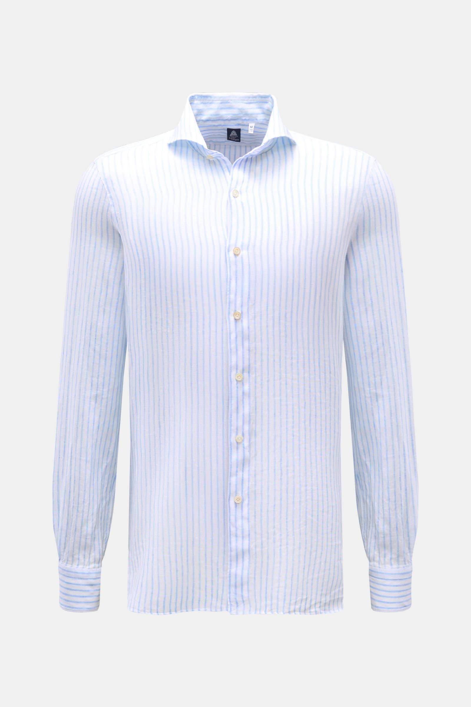 Finamore Leinenhemd 'Sergio Gaeta' Haifisch-Kragen hellblau/weiß gestreift, Regular Fit, leichte Leinwandbindung, frontal fotografiert.