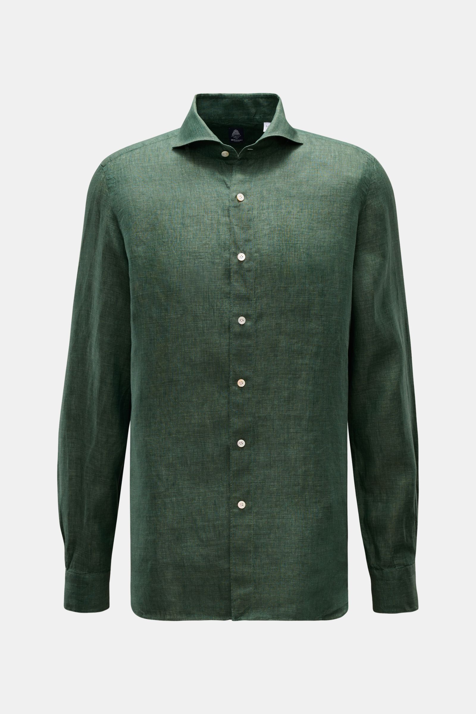 Finamore Leinenhemd 'Sergio Gaeta' Haifisch-Kragen dunkelgrün meliert, leichte Leinwandbindung, Regular Fit, extralange Ärmel, Sportmanschette, gerundeter Saum, frontal fotografiert.