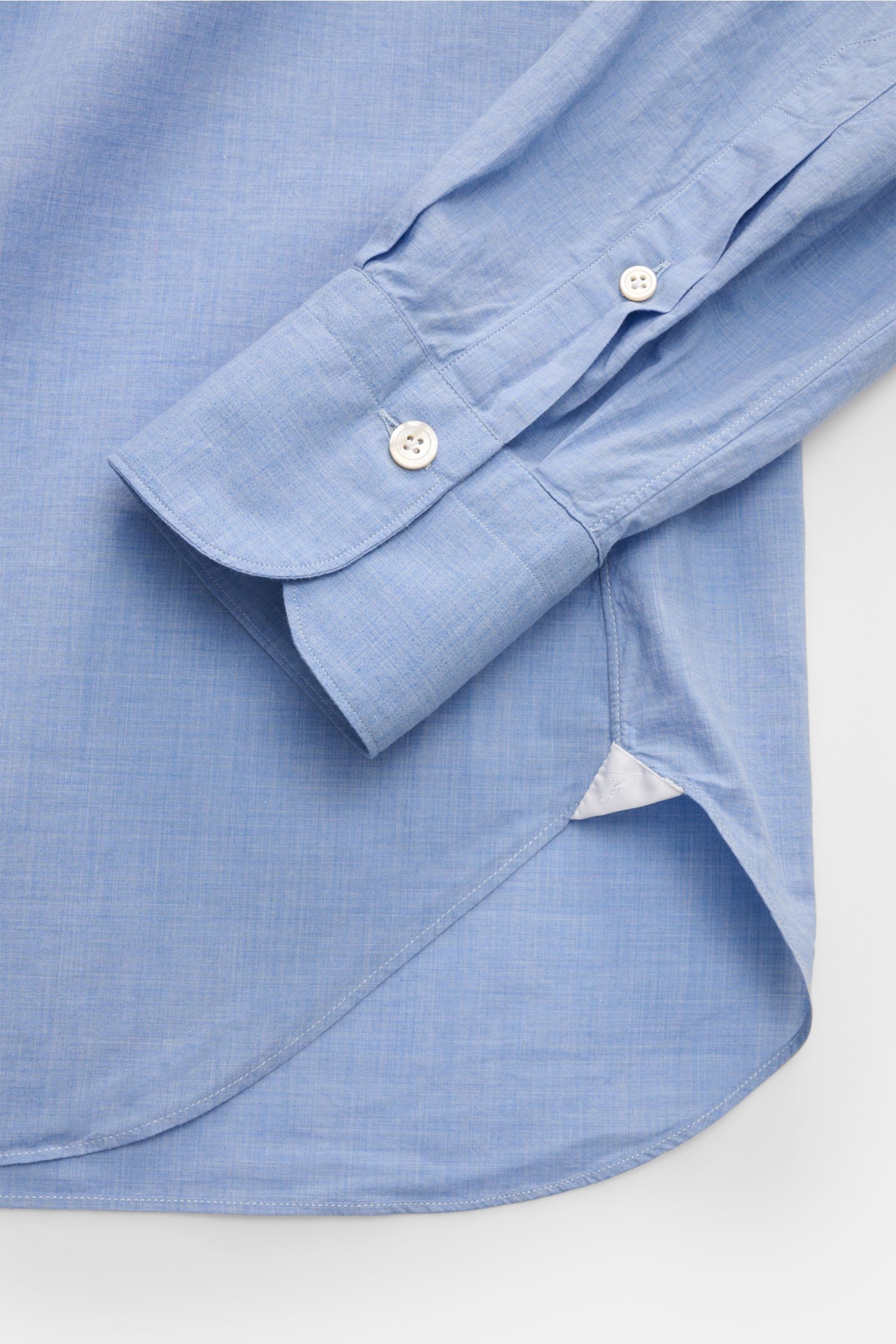 Finamore Casual Hemd 'Sergio Gaeta' Haifisch-Kragen blau meliert, Detailansicht von Manschette, Saum, Regular Fit, reine Baumwolle, weicher Griff.