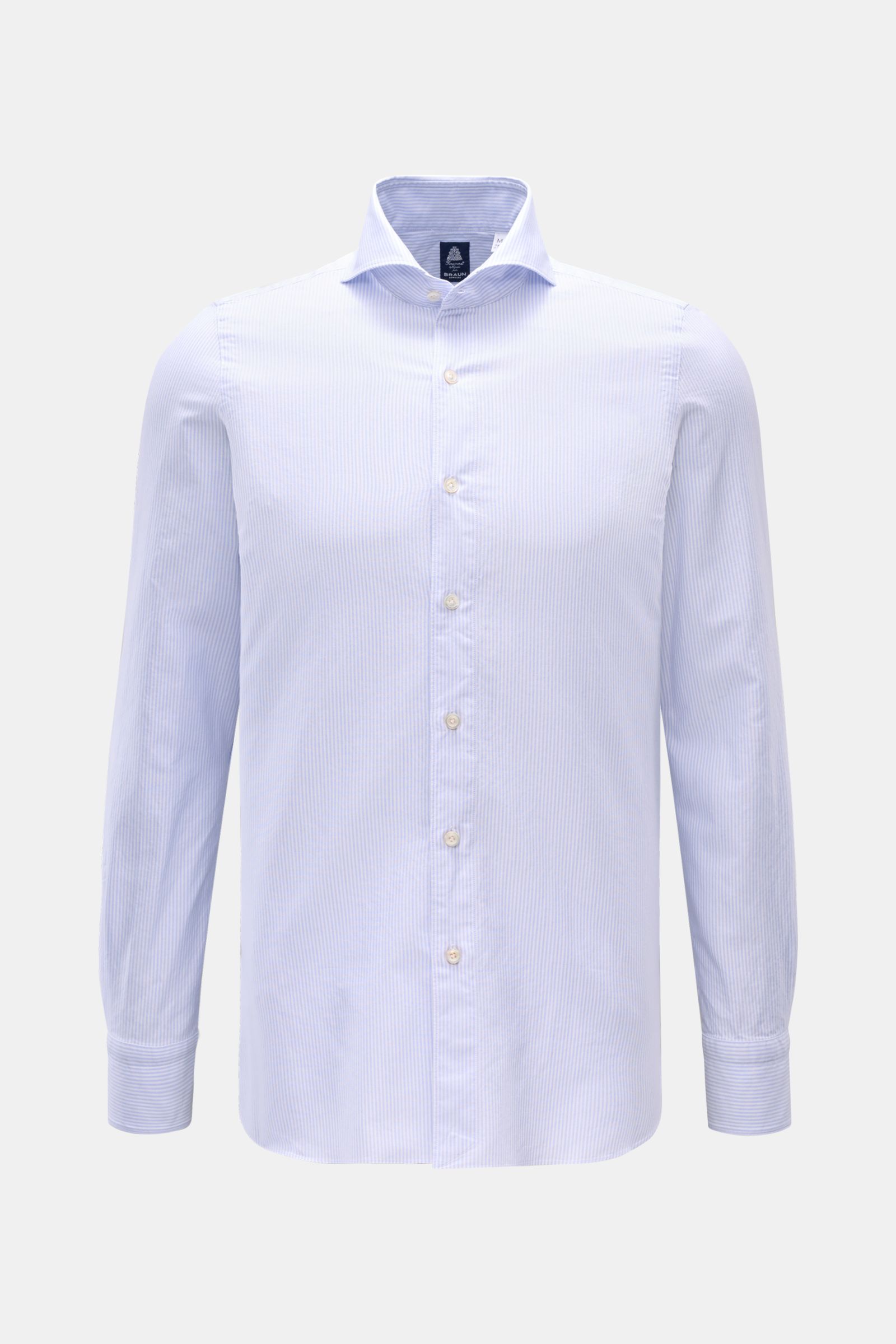 Front view of Finamore Casual shirt 'Sergio Gaeta' shark collar light blue/white striped, pure cotton popeline, soft feel, slim fit, shark collar, French button placket, classic barrel cuffs, rounded hem.