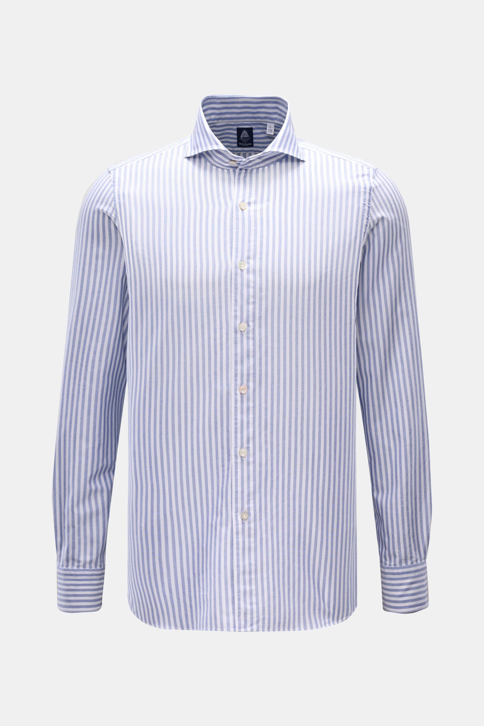 Front view of Finamore Casual shirt 'Sergio Gaeta' shark collar blue/white striped, pure cotton popeline, soft feel, slim fit, French button placket, classic barrel cuffs, rounded hem.
