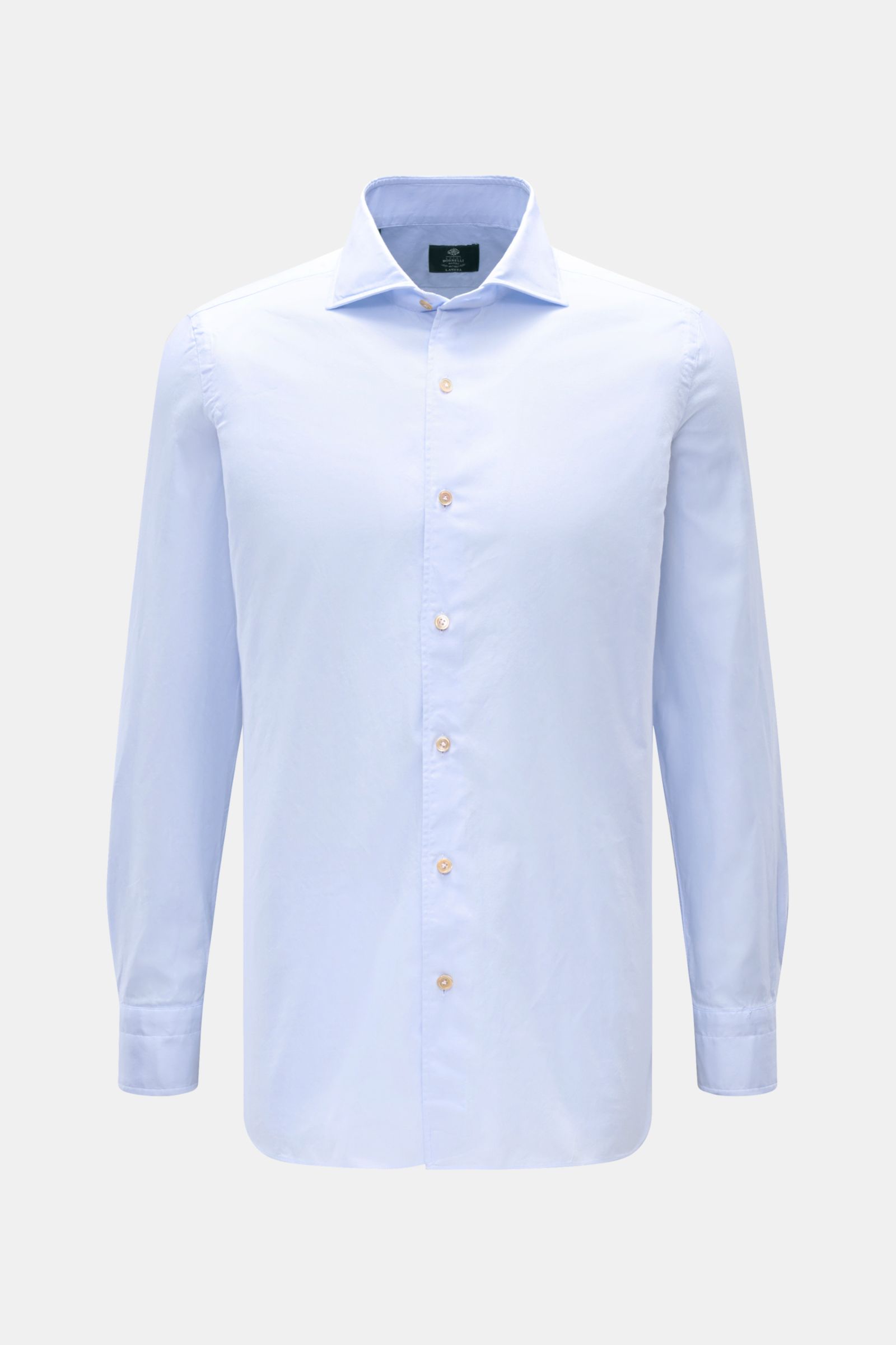 Borrelli Oxford Hemd 'Ettore' Haifisch-Kragen hellblau, frontale Ansicht, Extra Slim Fit, reine Baumwolle, Haifisch-Kragen, lange Ärmel, französische Knopfleiste.