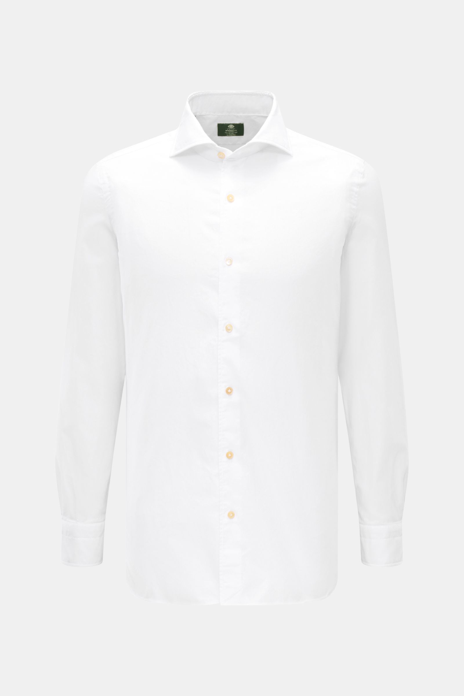 Borrelli Oxford Hemd 'Ettore' Haifisch-Kragen weiß, frontal fotografiert, aus reiner Baumwolle, Extra Slim Fit, Haifisch-Kragen, französische Knopfleiste, lange Ärmel, klassische Sportmanschette.