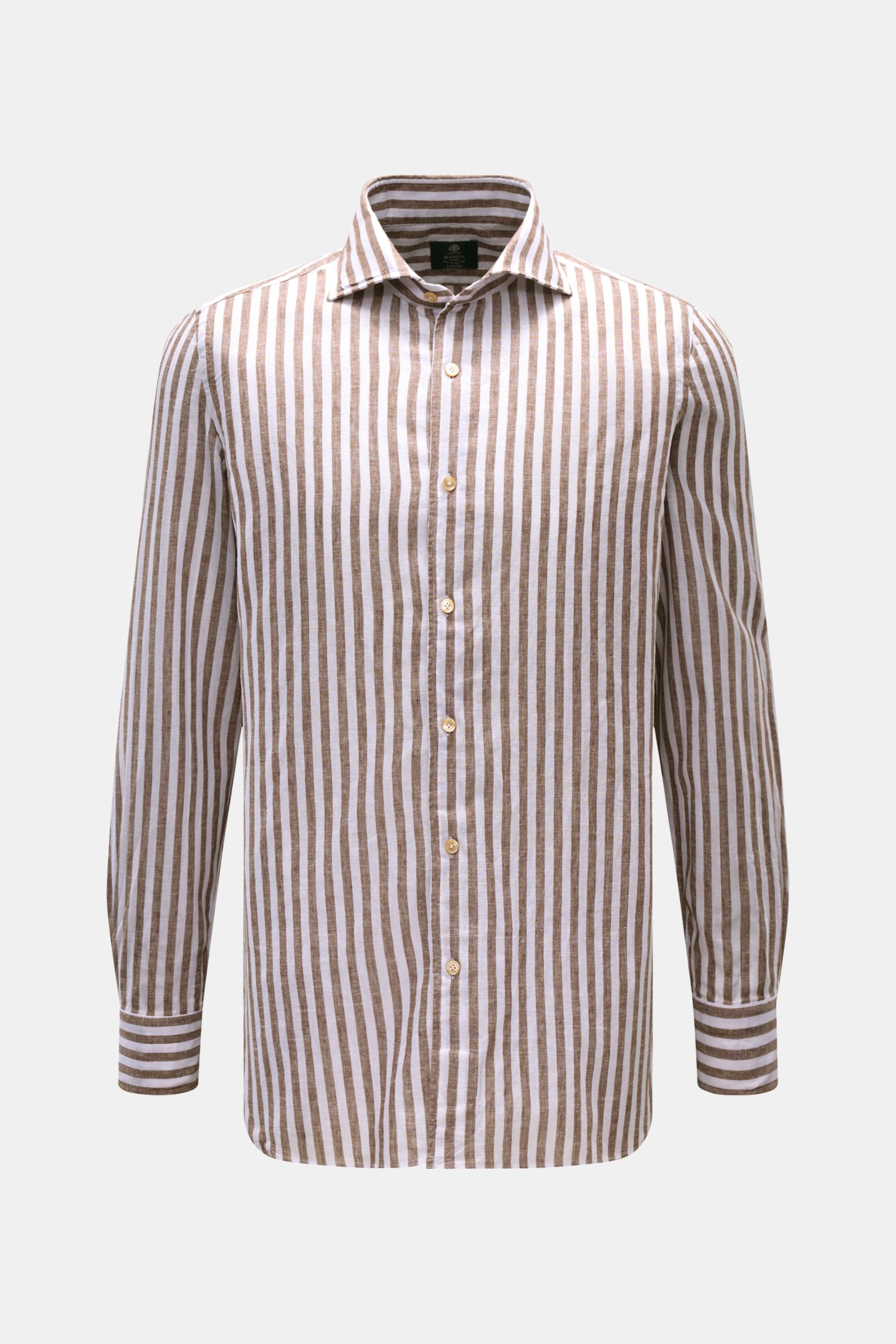 Borrelli Leinenhemd 'Ettore' Haifisch-Kragen braun/weiß gestreift, frontale Ansicht, reines Leinen, Extra Slim Fit, lange Ärmel, französische Knopfleiste, gerundeter Saum.