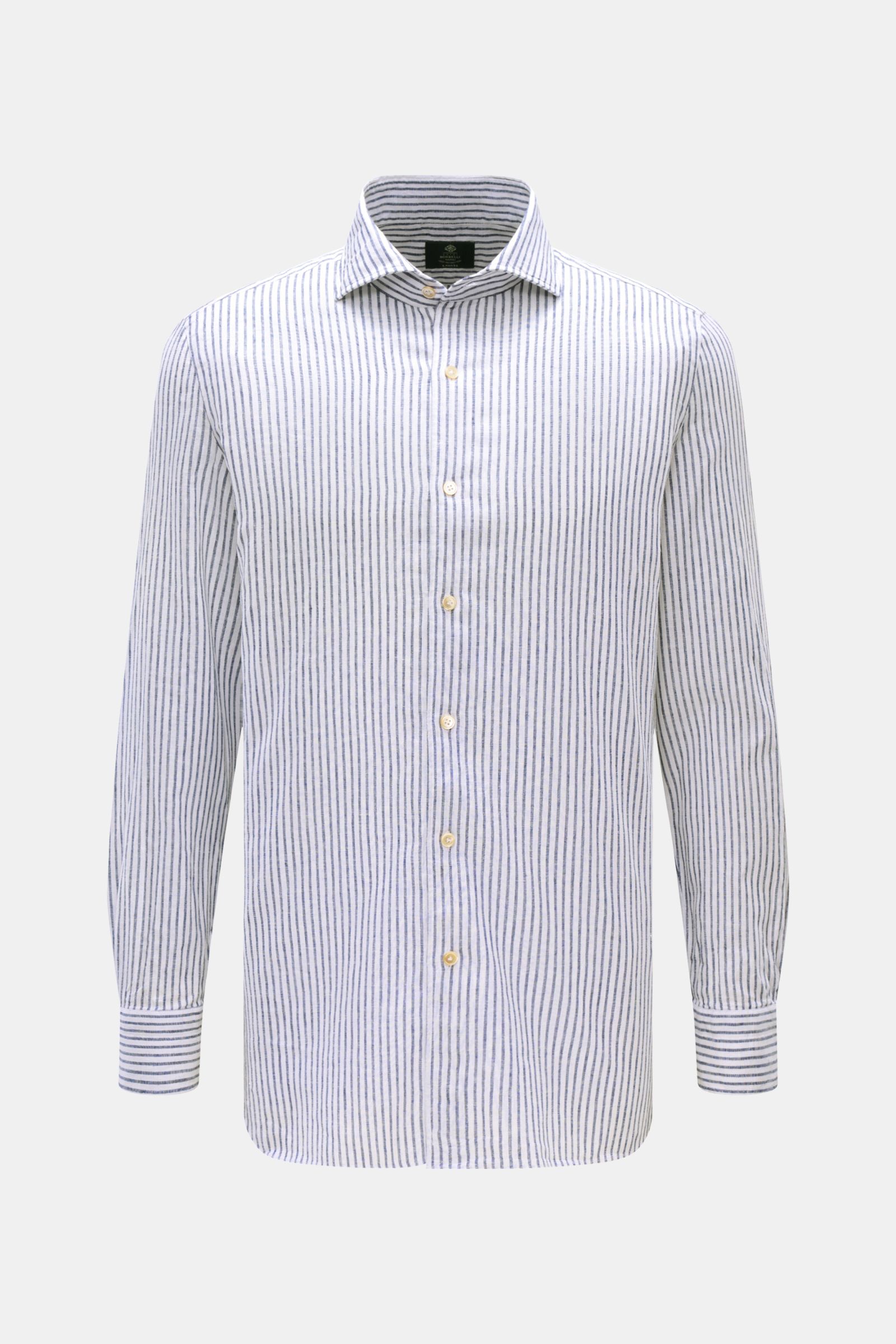 Borrelli Leinenhemd 'Ettore' Haifisch-Kragen navy/weiß gestreift, Extra Slim Fit, reine Leinenqualität, frontale Ansicht mit langen Ärmeln.