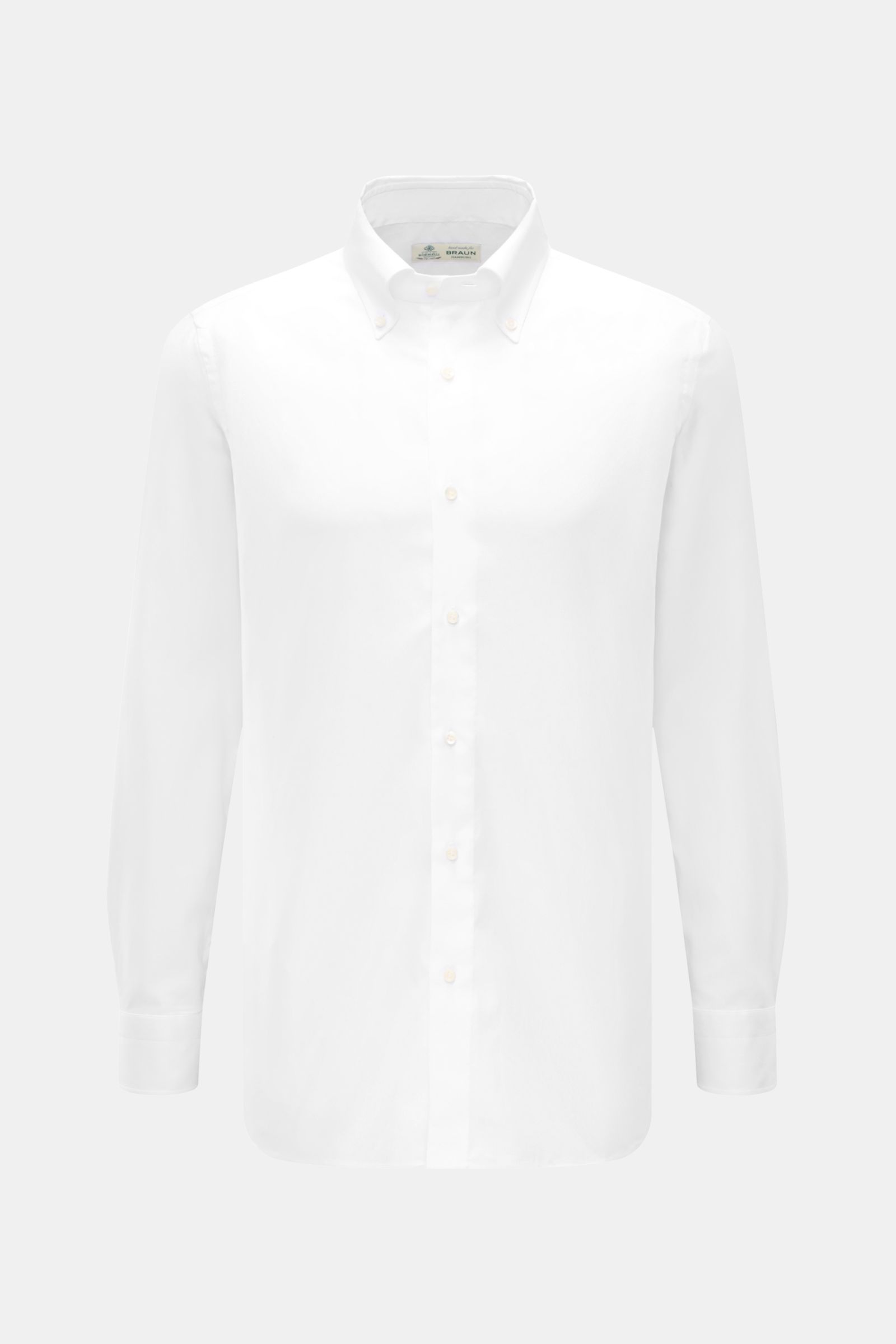 Borrelli Casual Hemd Button-Down-Kragen weiß, Slim Fit, reine Baumwolle, französische Knopfleiste mit Perlmuttknöpfen, frontale Ansicht.