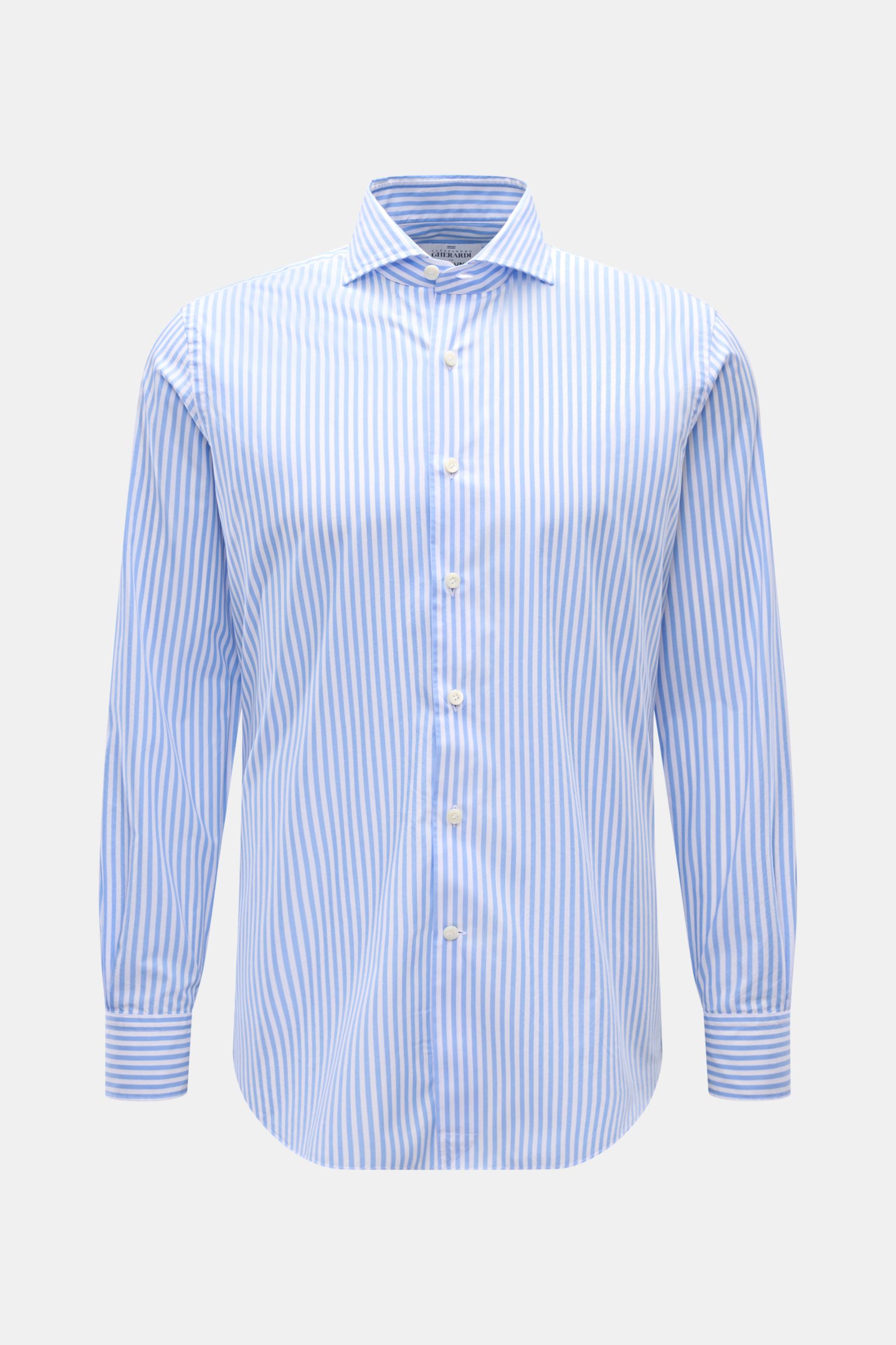 Gherardi Casual Hemd Haifisch-Kragen blau/weiß gestreift, Slim Fit, Popeline-Baumwolle, glatter Griff, Haifisch-Kragen, Knopfleiste, Sportmanschette, frontale Ansicht.