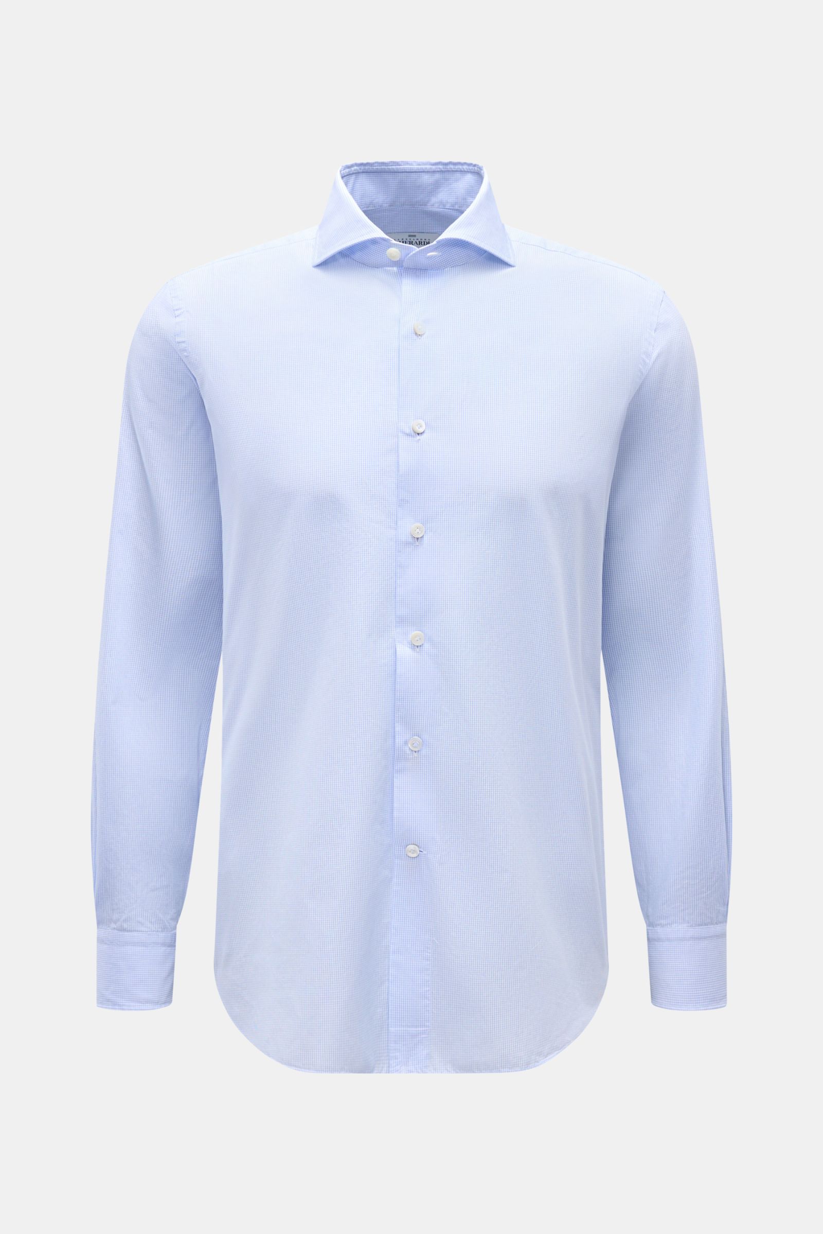 Gherardi Casual Hemd Haifisch-Kragen hellblau/weiß kariert, slim fit, Popeline-Baumwolle, Haifisch-Kragen, französische Knopfleiste, Sportmanschette, vorne frontal fotografiert.