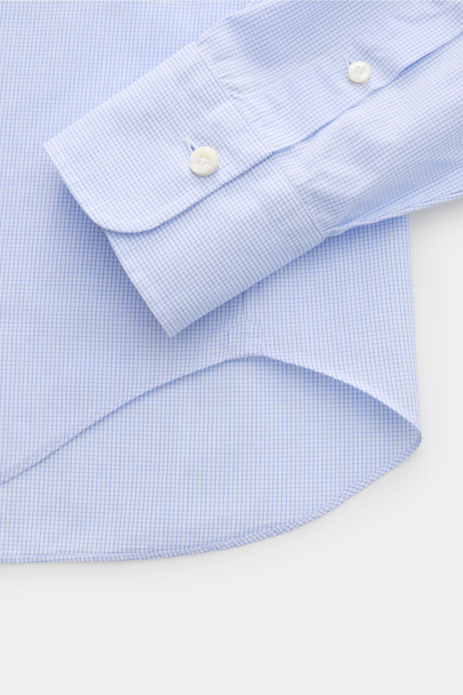 Gherardi Casual Hemd Haifisch-Kragen hellblau/weiß kariert, Nahaufnahme von Manschette, Saumverlauf, Slim Fit, reine Baumwolle, Popeline, glatter Griff.