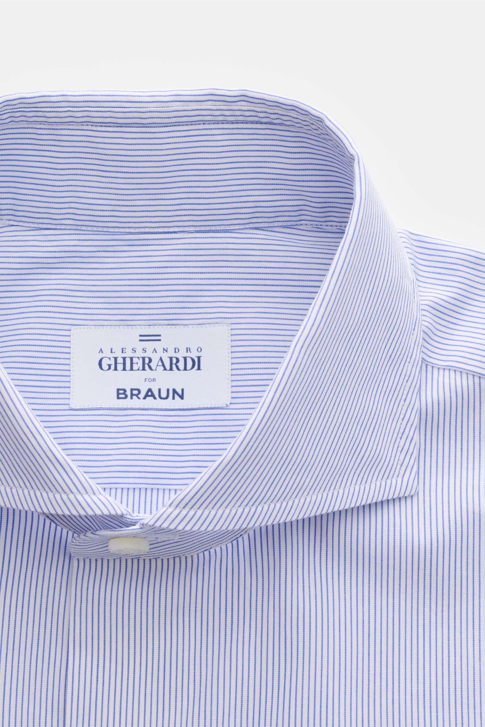 Gherardi Casual Hemd Haifisch-Kragen dunkelblau/weiß gestreift, Slim Fit, Popeline-Baumwolle, Haifisch-Kragen, Detailaufnahme von oben.