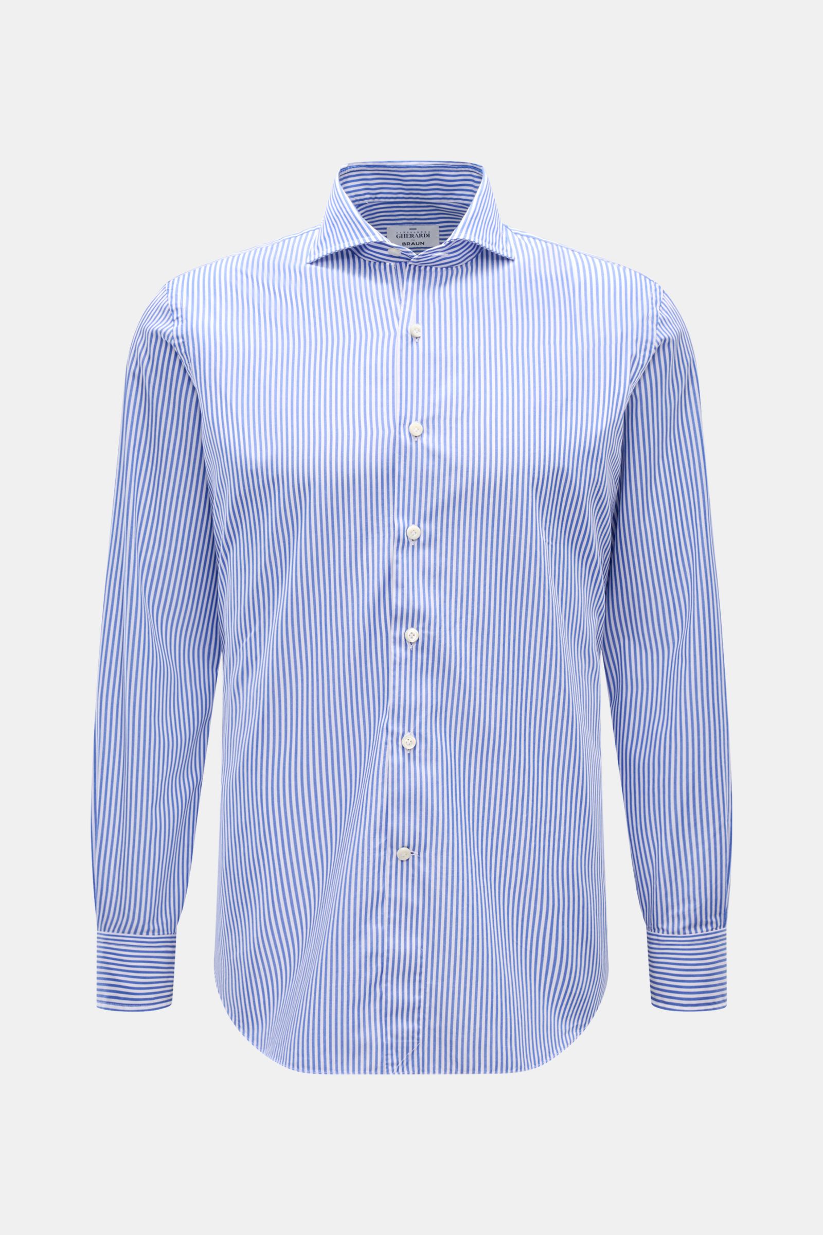 Gherardi Casual Hemd Haifisch-Kragen dunkelblau/weiß gestreift, Slim Fit, Popeline-Baumwolle, glatter Griff, Haifisch-Kragen, Sportmanschette, Frontalansicht.