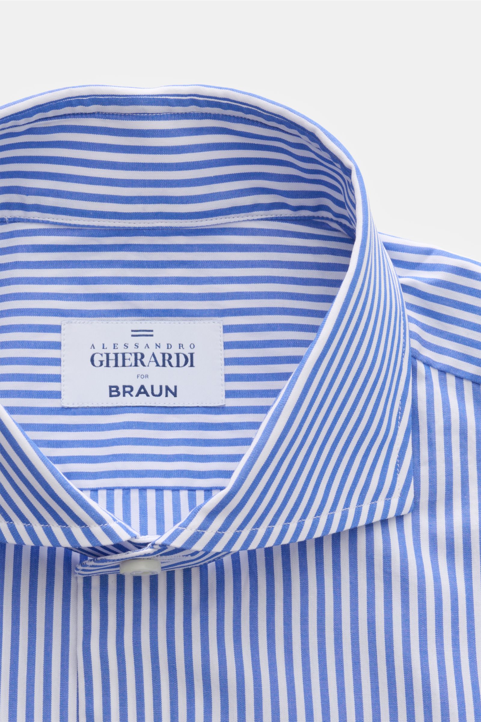 Gherardi Casual Hemd Haifisch-Kragen dunkelblau/weiß gestreift, Slim Fit, Popeline-Baumwolle, Haifisch-Kragen in Nahaufnahme von oben.