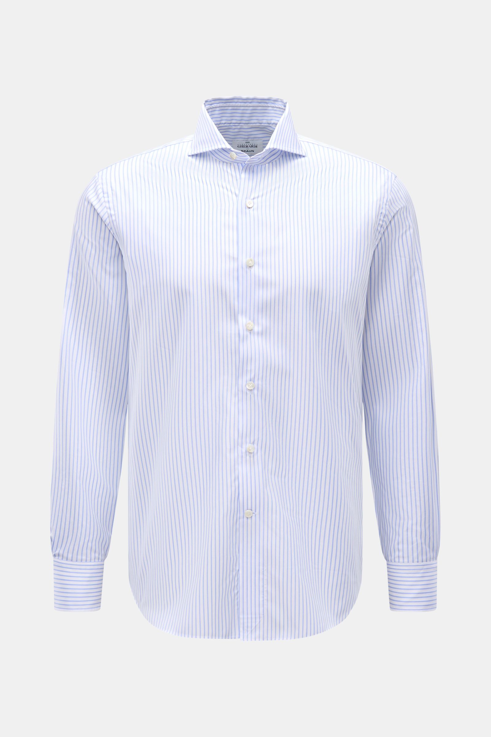 Gherardi Casual Hemd Haifisch-Kragen hellblau/weiß gestreift, Slim Fit, Popeline Baumwolle, Sportmanschette, Frontansicht, leichter Premium-Stoff.