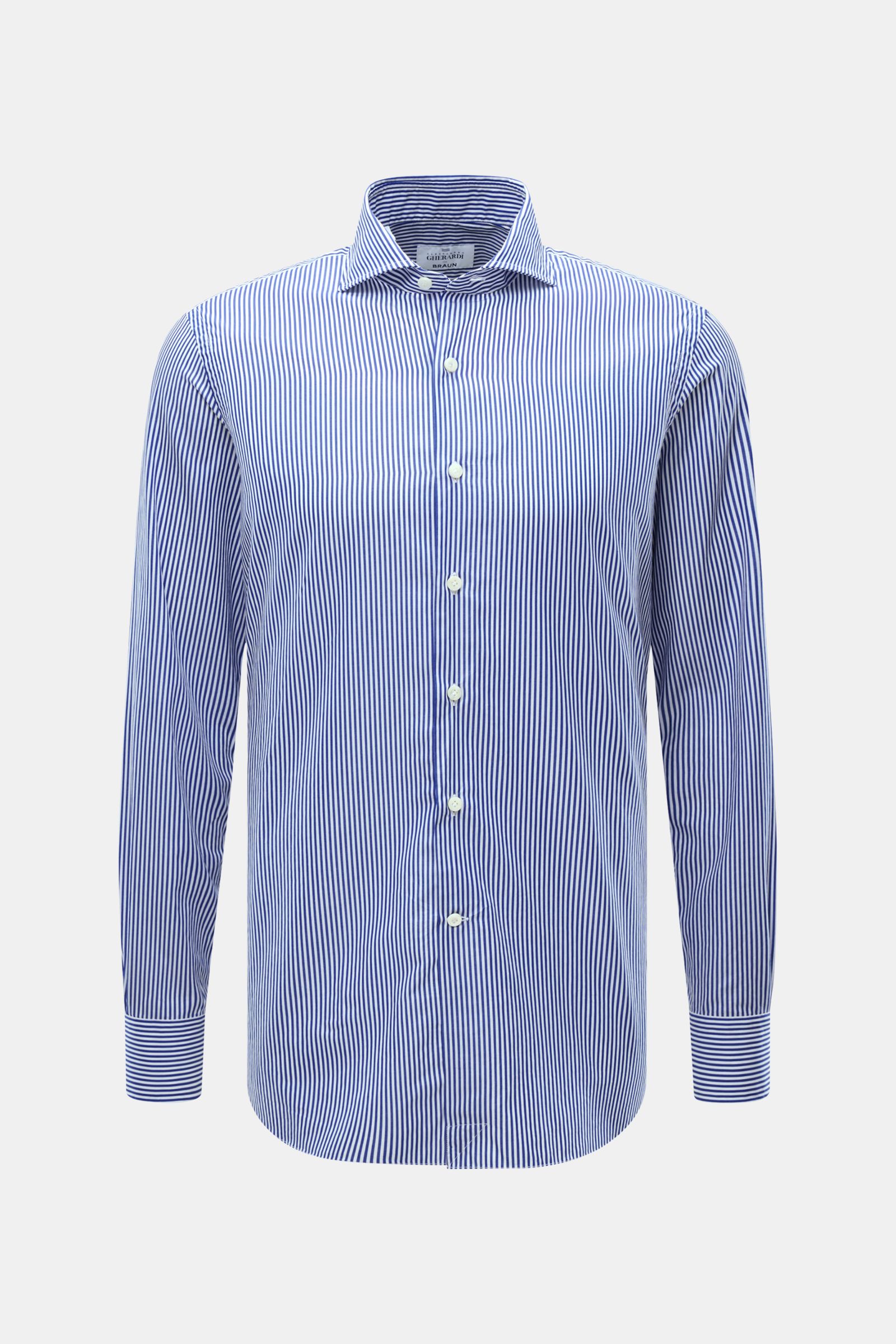Gherardi Casual Hemd Haifisch-Kragen dunkelblau/weiß gestreift, Slim Fit, Popeline Baumwolle, Haifischkragen, französische Knopfleiste, Frontansicht.