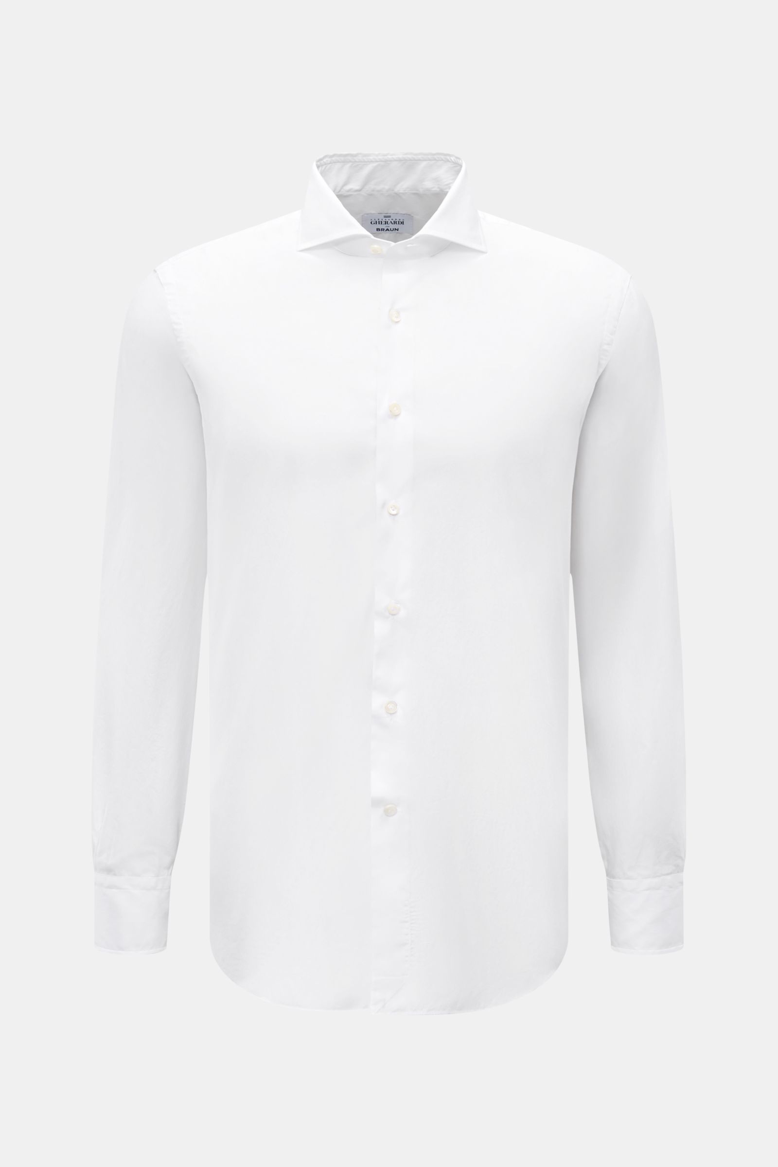 Gherardi Casual Hemd Haifisch-Kragen weiß, Slim Fit, Popeline-Baumwolle, Sportmanschette, Haifischkragen, französische Knopfleiste, glatter Griff, Frontansicht.