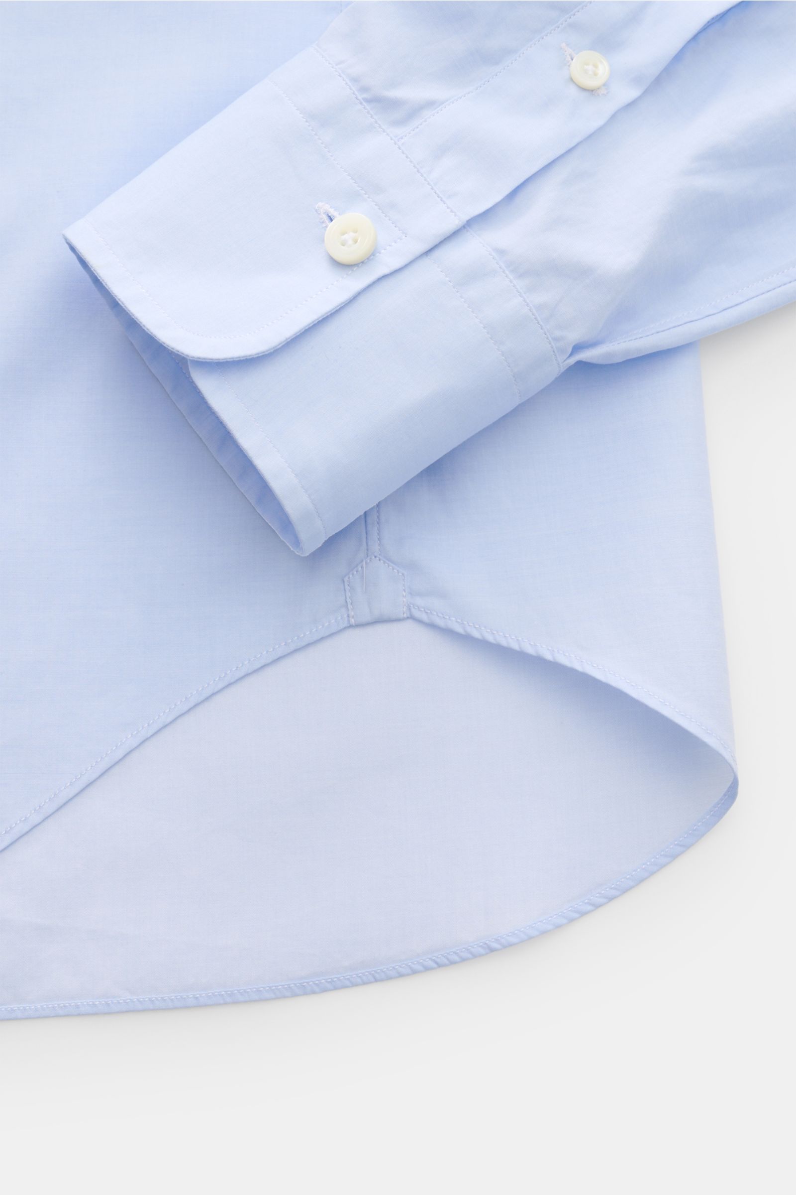 Gherardi Casual Hemd Haifisch-Kragen hellblau, Detailaufnahme von Manschette und Saumverlauf, Slim Fit, leichte Baumwolle, Popeline.