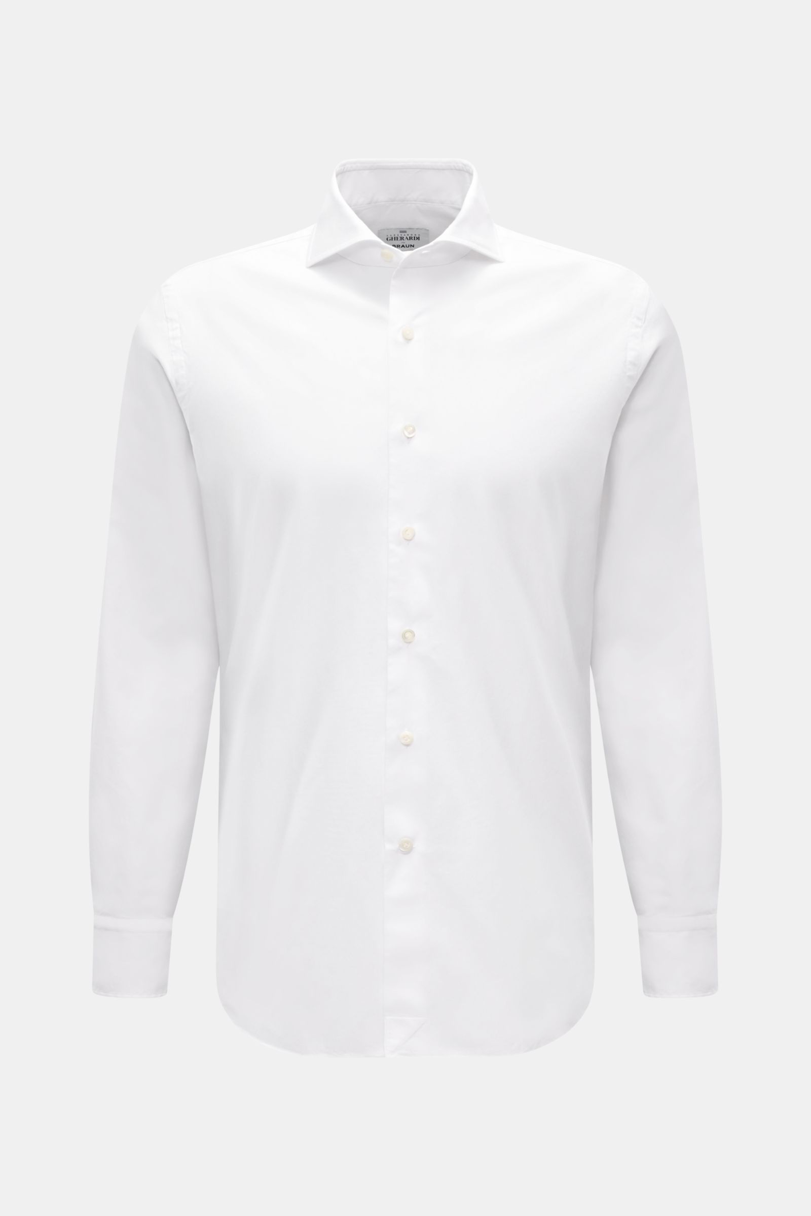 Front view of the Gherardi Oxford shirt shark collar white in slim fit, featuring pure cotton Oxford fabric and classic details.

Description: An elegant Oxford shirt in a slim fit by GHERARDI: the finest, premium quality cotton combined with a shark c